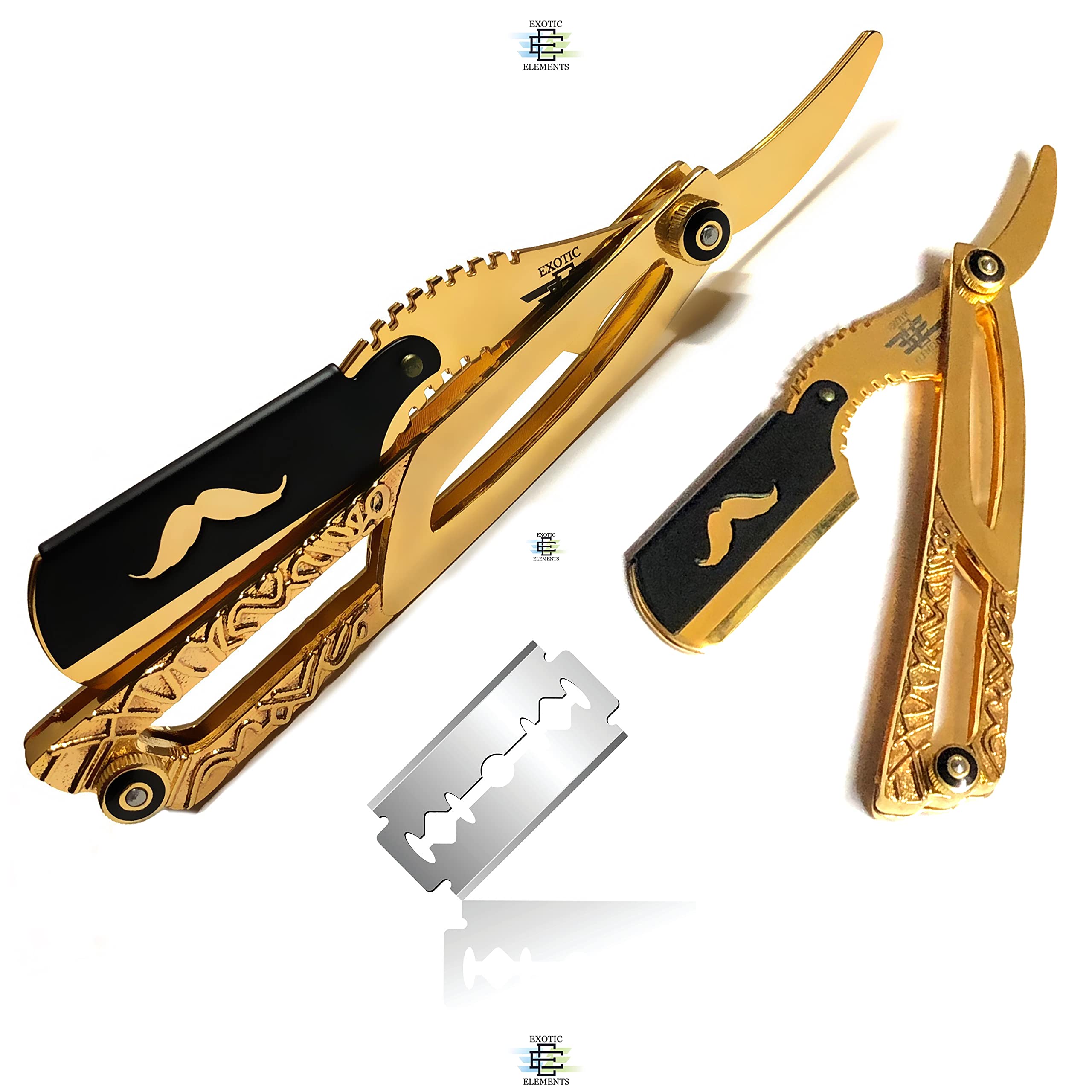 Premium Gold-Plated Barber Straight Razor - Classic Folding Shaving Razor with Black Handle & Recyclable Blades for Men's Grooming, Shaving & Beard Care | Professional Salon & Home Use