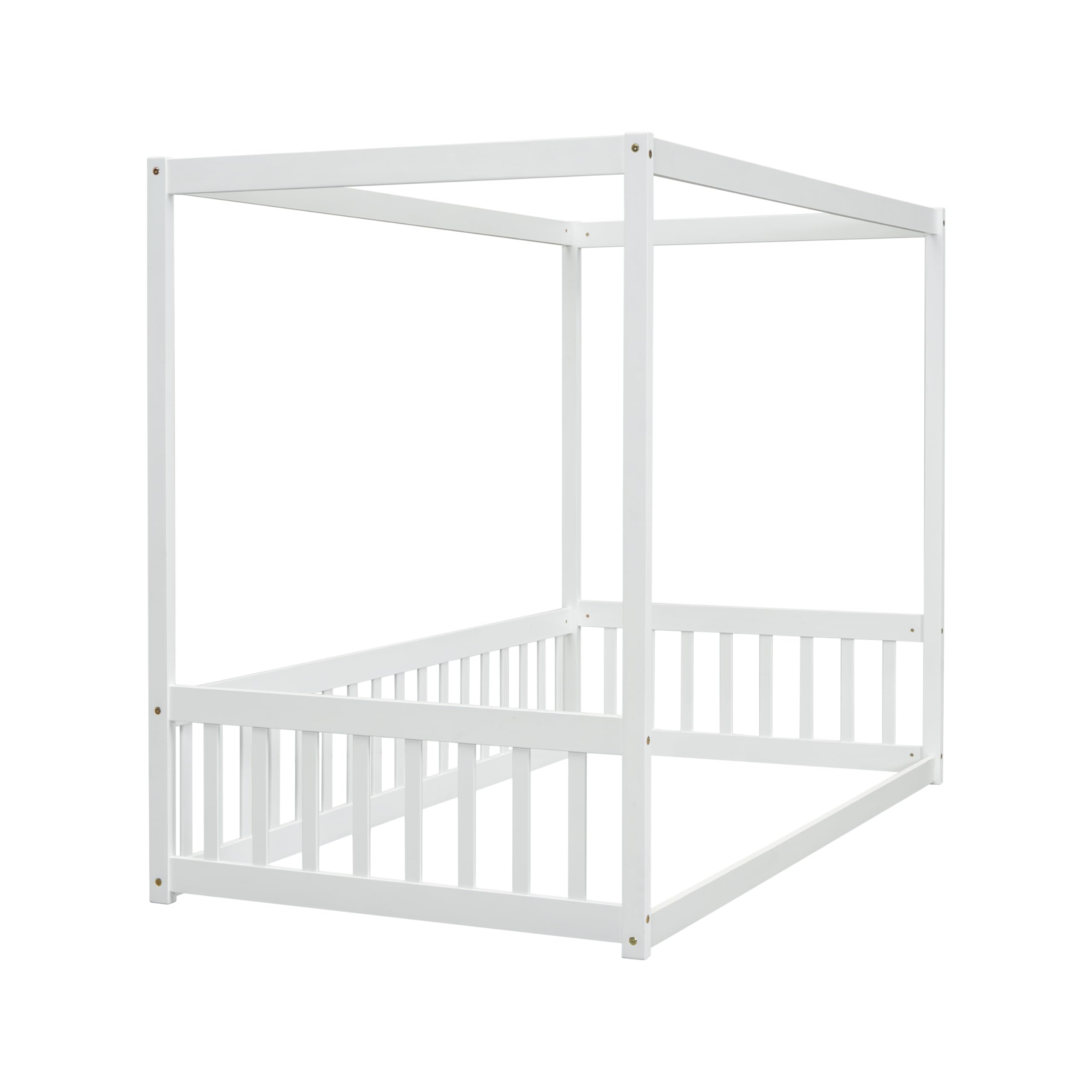 Twin Size Canopy Bed Frame with Guardrails for Kids - Wooden Four Poster Montessori Floor Bed for Girls & Boys (White) - Perfect for Bedrooms, Playrooms & Montessori Learning Spaces