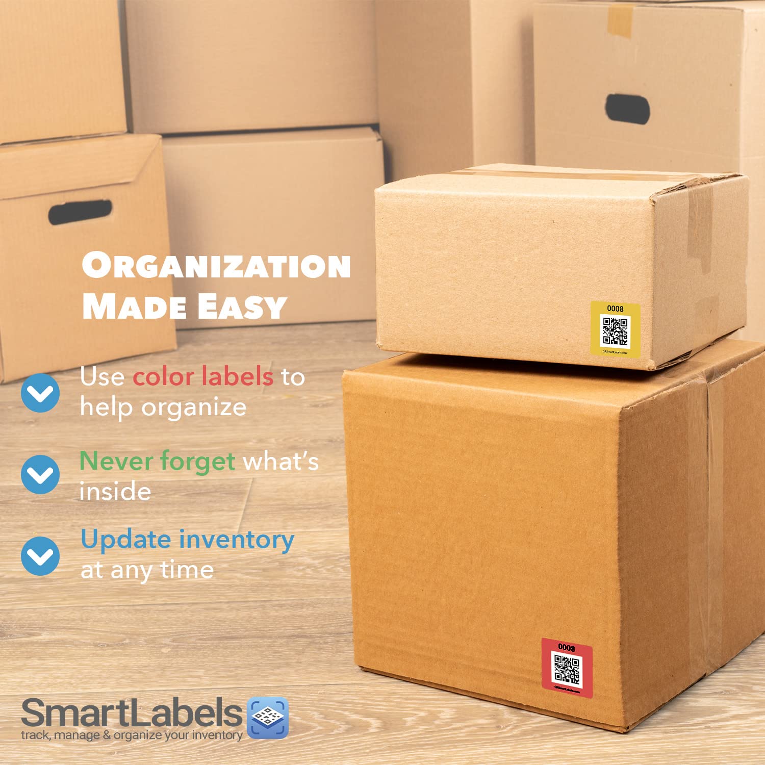 48 Pack Smart QR Code Stickers for Storage & Inventory Tracking - Made in USA | Organize Storage Units, Moving Supplies & App Inventory Management | Perfect for Home Organization, Warehouse Labeling & Business Asset Tracking