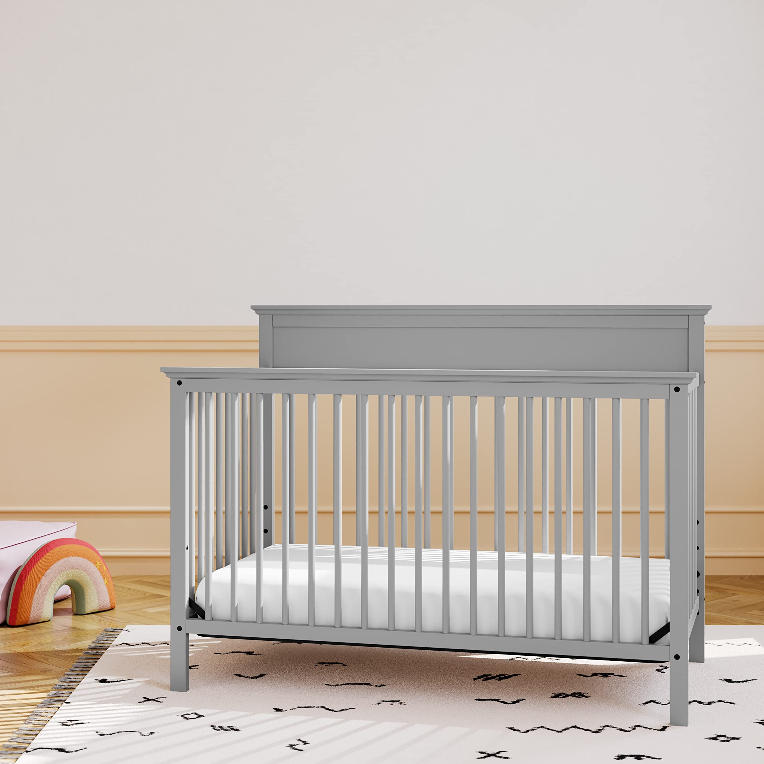 Storkcraft Carmel 5-in-1 Convertible Crib in Pebble Gray - GREENGUARD Gold Certified, Converts to Toddler Bed & Full-Size Bed, Adjustable Mattress Heights (4 Levels), Fits Standard Full-Size Mattress - Perfect for Nursery, Baby Room & Toddler Bedroom Transition
