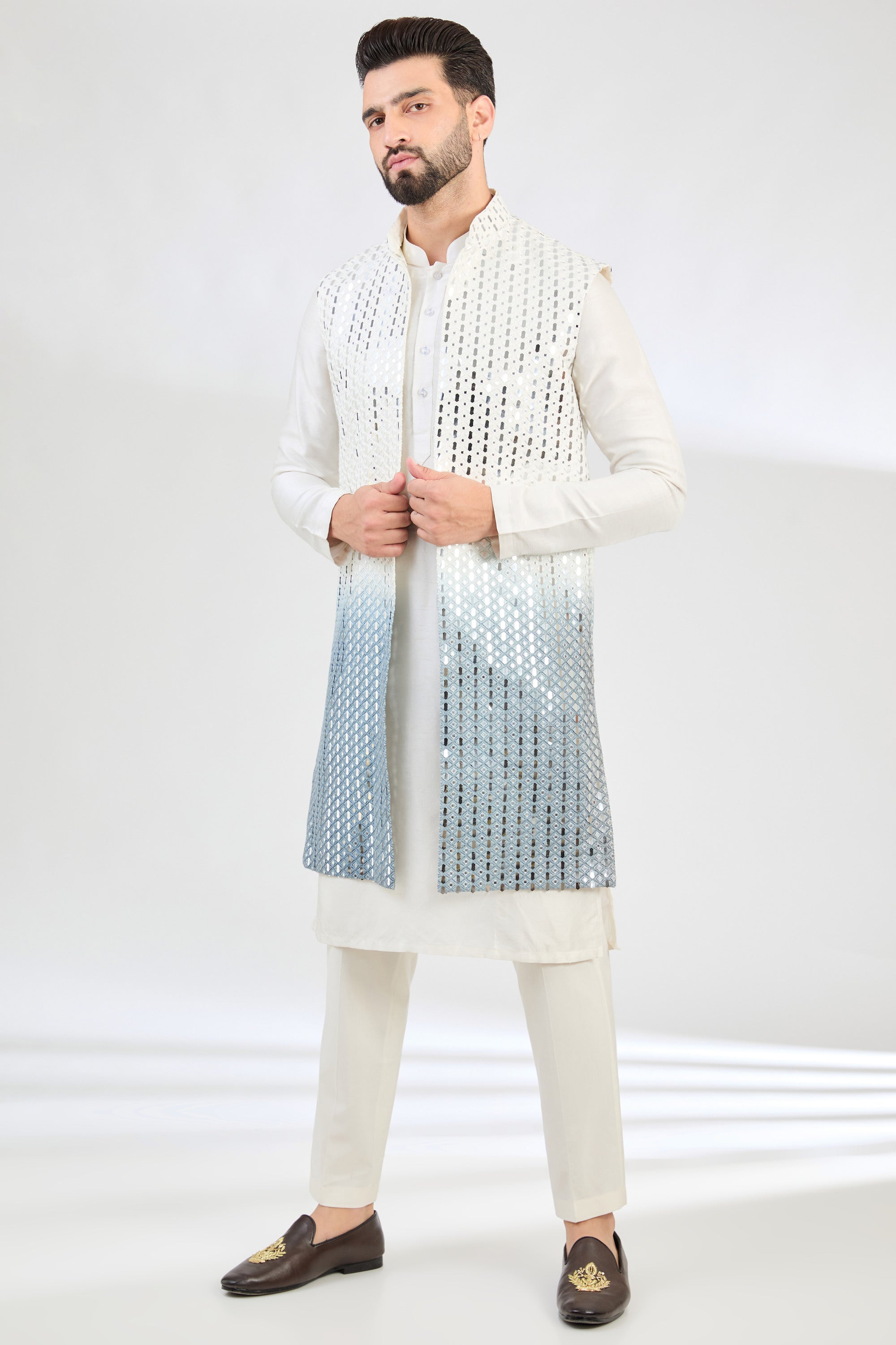 Ombre Shaded Long Mirror Work Shrug - Elegant Embroidered Bolero for Women - Perfect for Weddings, Parties & Special Occasions