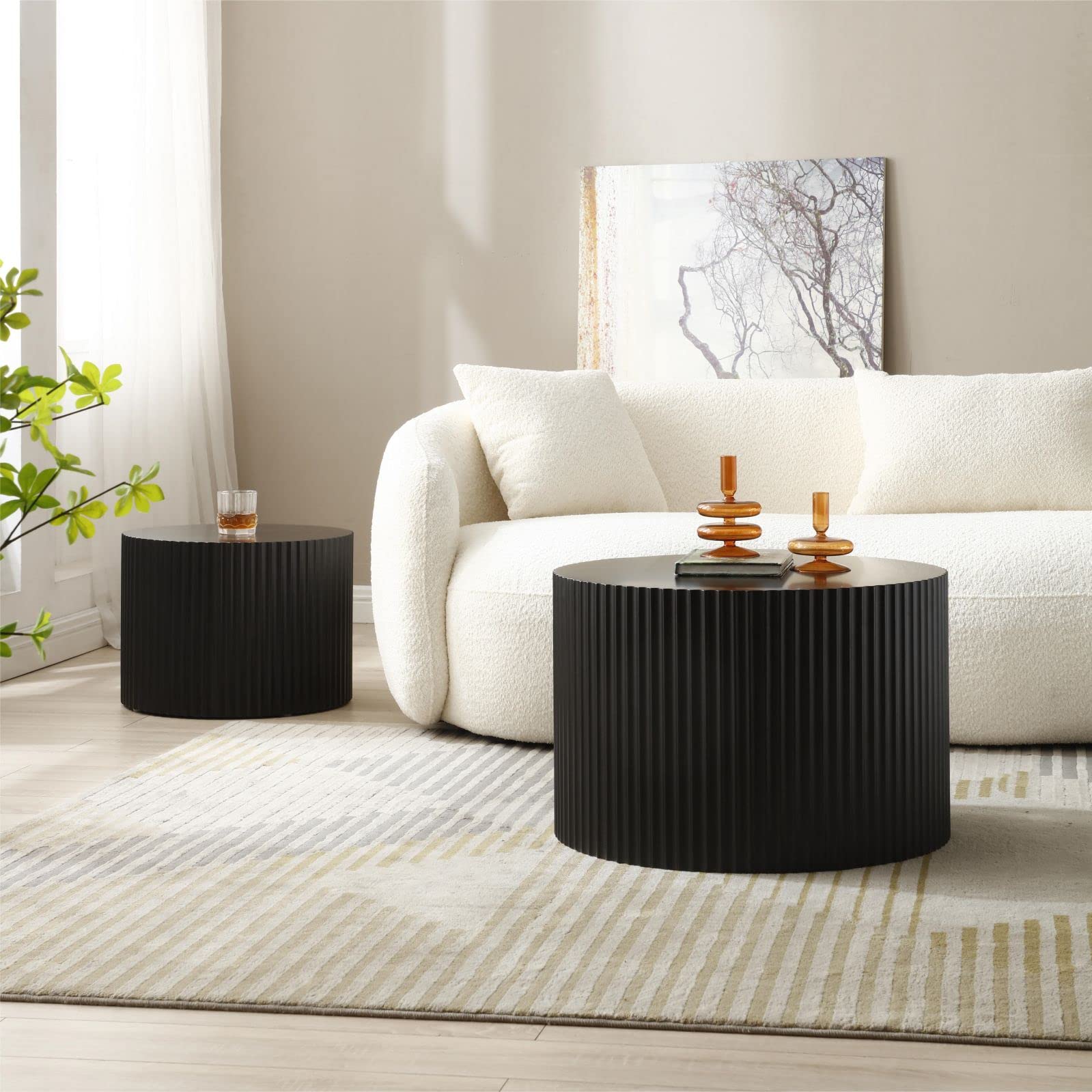 Modern Round Nesting Coffee Table Set of 2 - Black Accent Tables for Living Room, Small Space Furniture for Apartments & Cozy Homes