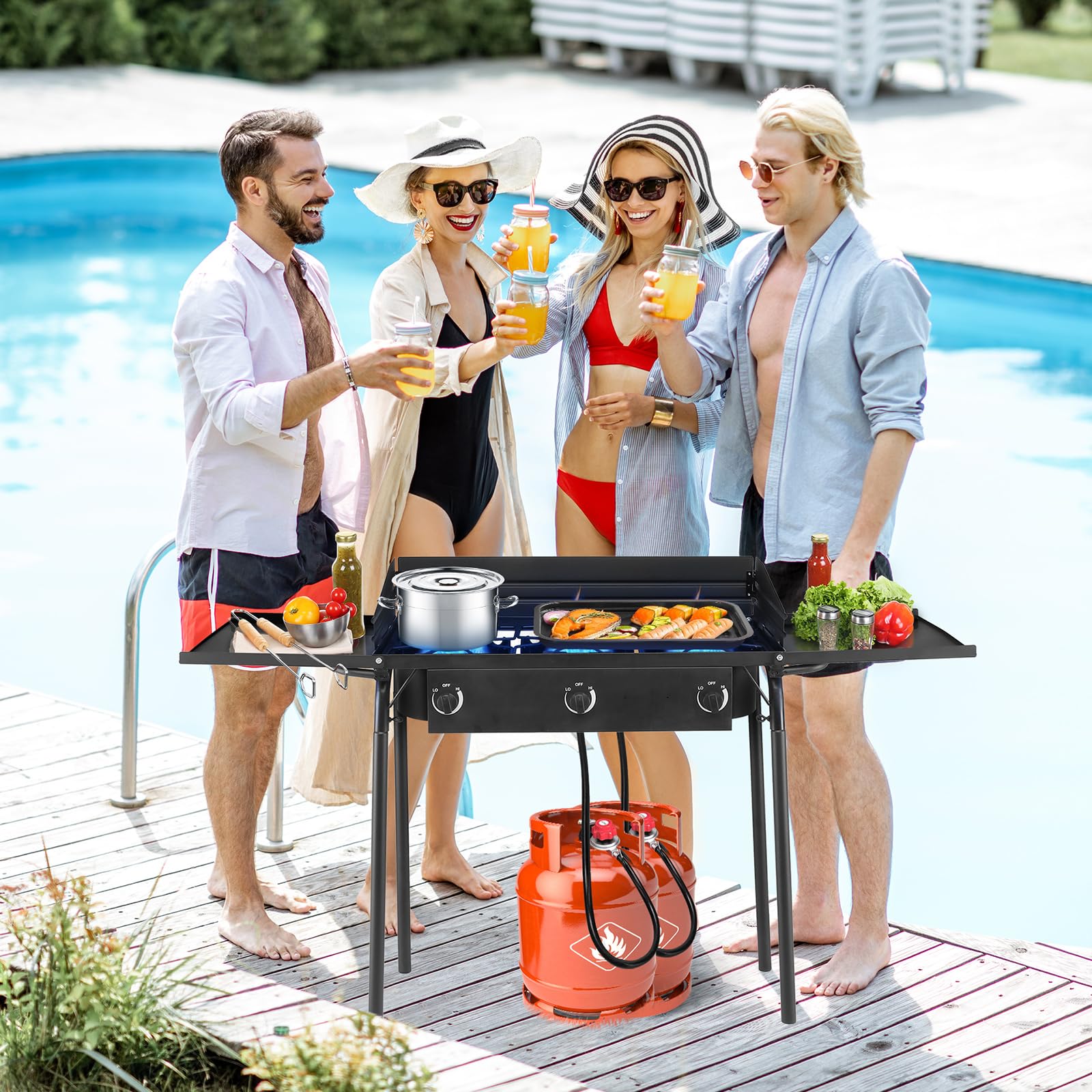 Outvita 3 Burner Propane Gas Stove - 225,000 BTU Outdoor Camping Cooker with Windscreen & Side Shelves - Perfect for Backyard BBQ, Turkey Frying, Baking & Picnics