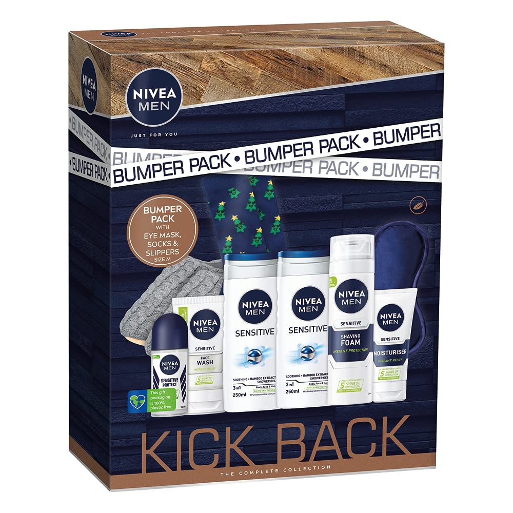 NIVEA MEN Kick Back Bumper Pack (5-Piece) Sensitive Skin Gift Set for Men - Includes Deodorant, Face Wash, Aftershave Balm, Moisturizer & Shower Gel - Perfect for Travel, Gifts & Daily Skincare Routine