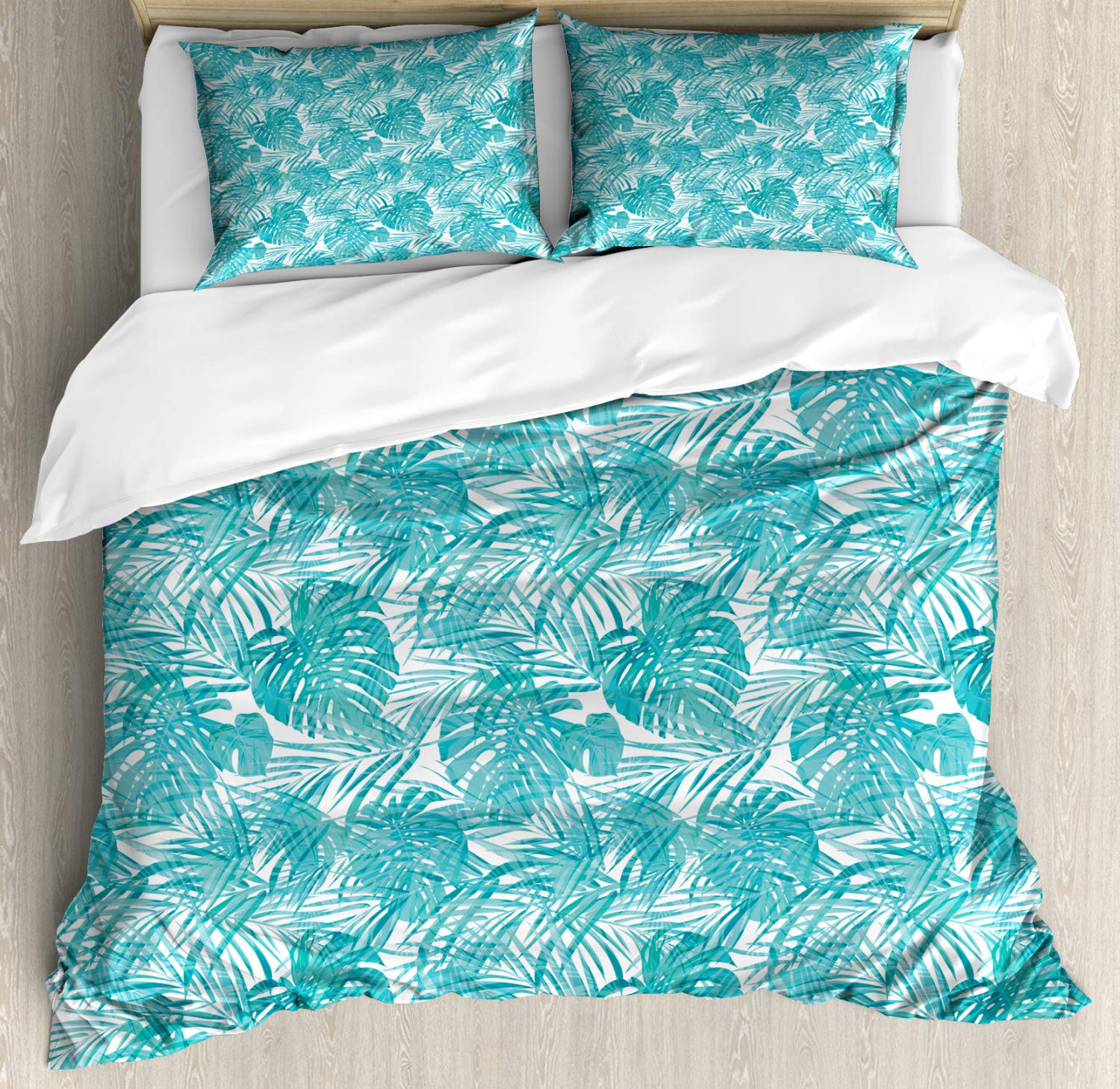 Ambesonne Tropical Camouflage Duvet Cover Set - 2 Pack Queen Size, Pale Blue & Turquoise Palm Leaf Hawaiian Design, Includes 2 Duvet Covers & 4 Pillowcases - Perfect for Summer Bedroom Decor, Beach House Styling, and Tropical Themed Guest Rooms