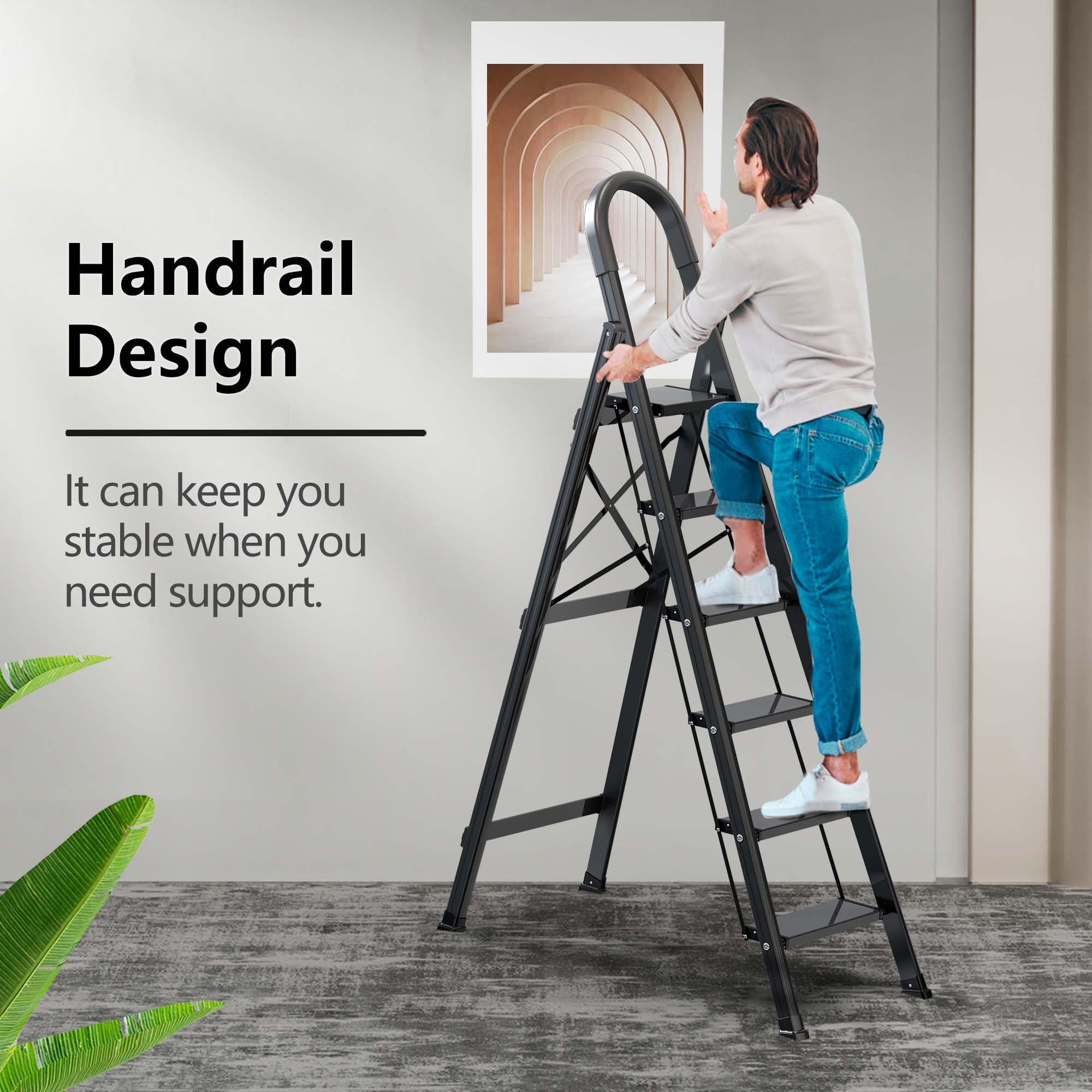 Lightweight Aluminum 6 Step Folding Ladder with Anti-Slip Wide Pedal - Space Saving Step Stool for Home, Kitchen, Garage & Office Use (Black)
