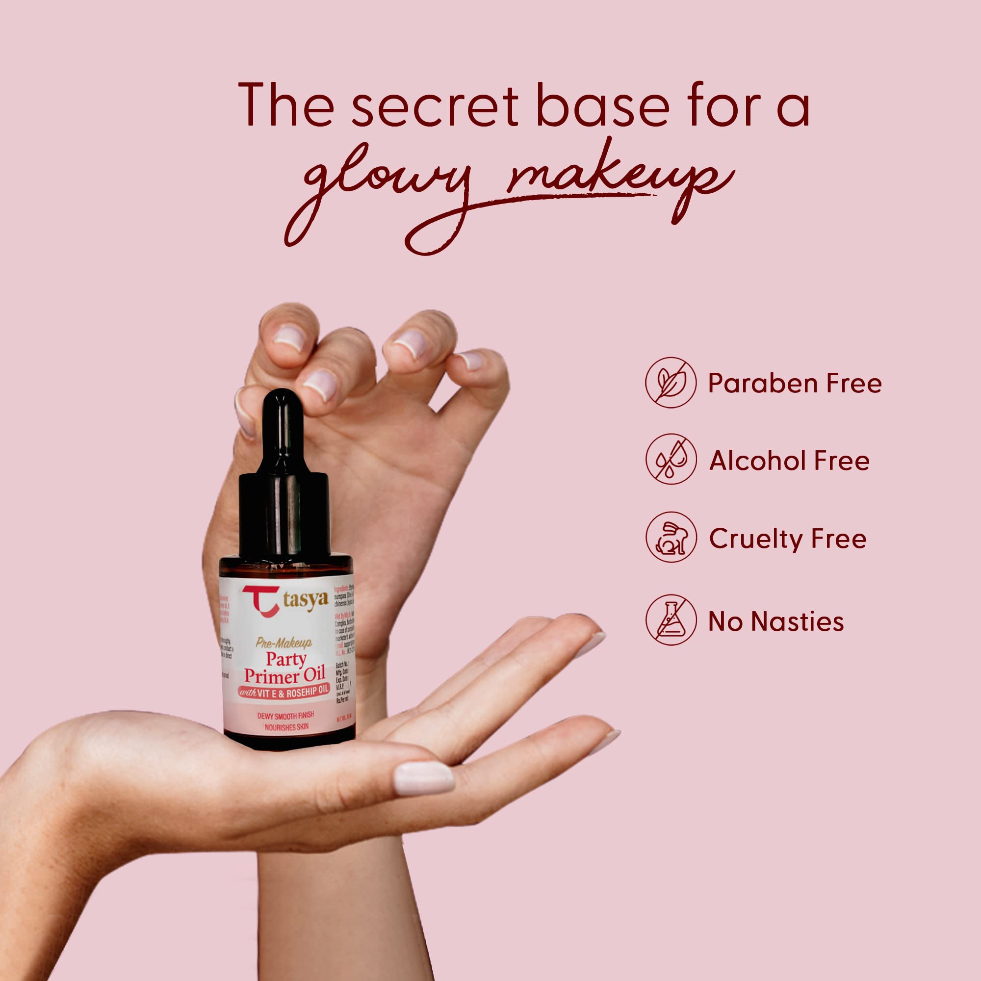 Tasya Pre Makeup Primer Oil Serum 30ml - Vitamin E & Rosehip Oil for Dewy Smooth Finish - Hydrates & Nourishes Skin - Perfect for Party Makeup & Night Out Glow