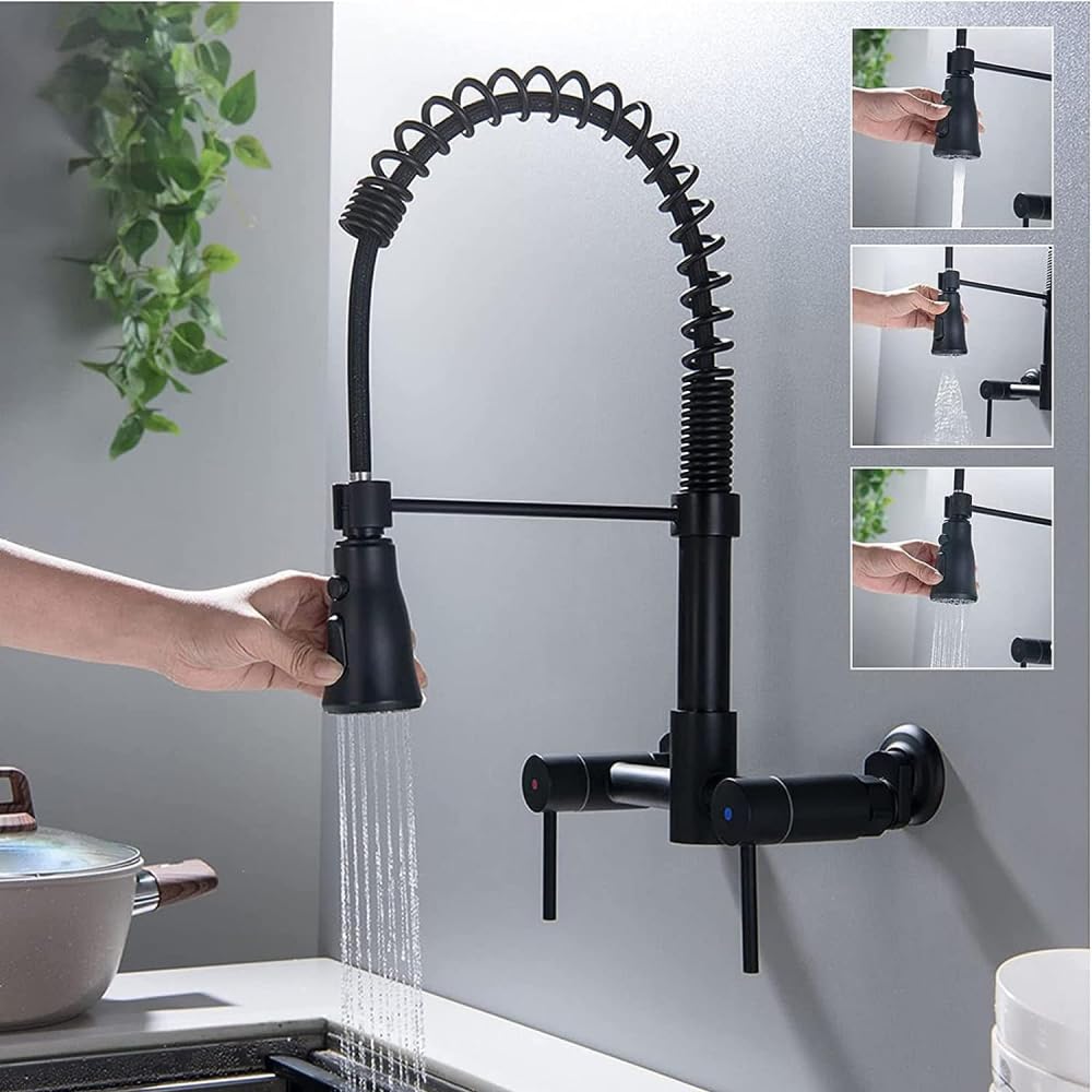 **BIVVI 8-Inch Wall Mount Kitchen Faucet with Pull Down Sprayer, Double Handle Mixer Tap, 360° Swivel Spring Design - Matte Black for Modern Farmhouse & Industrial Style Kitchens**