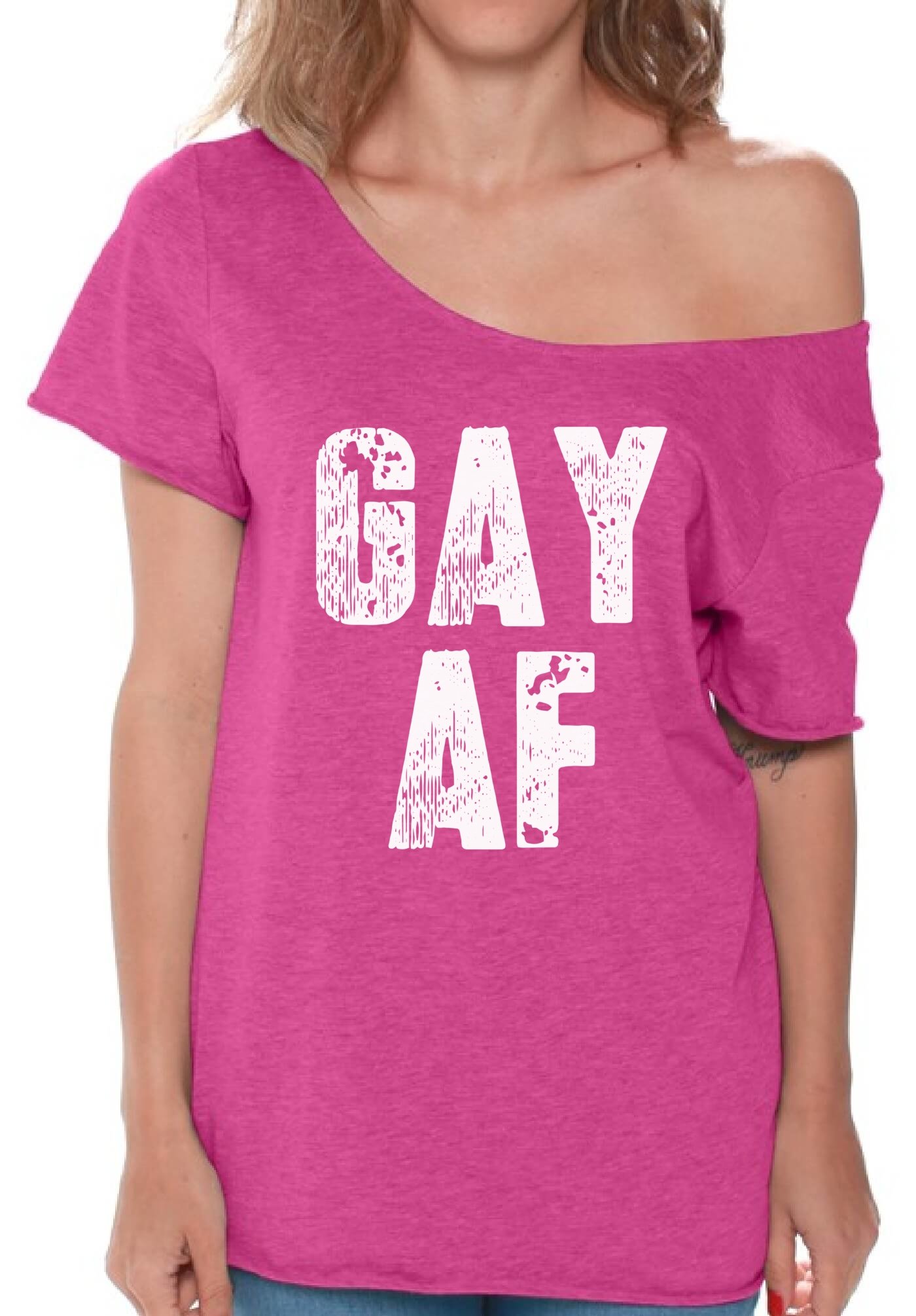 Pekatees Gay AF Off The Shoulder T-Shirts for Women - Pride LGBTQ+ Rainbow Graphic Tee - Perfect for Pride Parades, LGBT Events & Ally Support