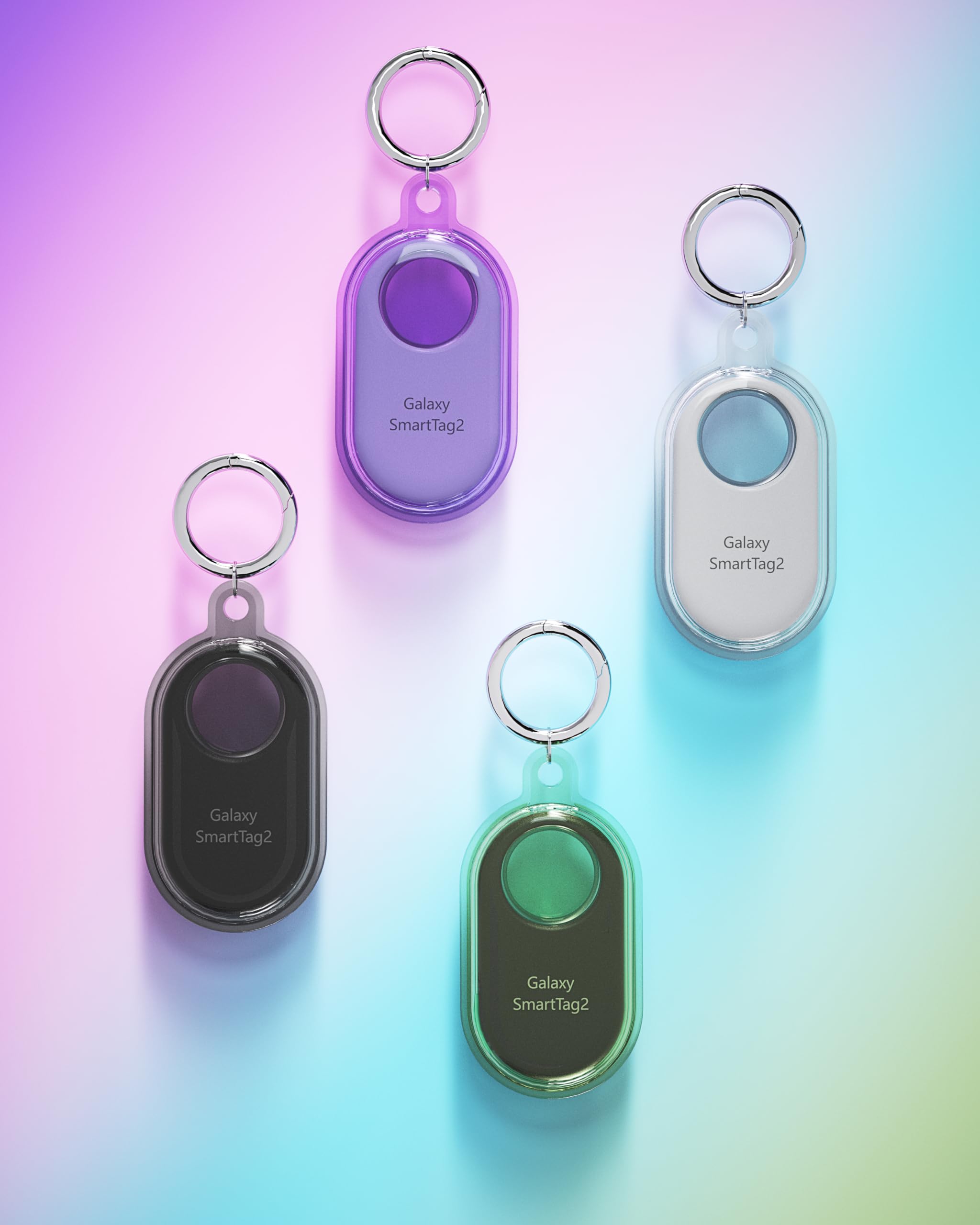 4 Pack Samsung Galaxy Smart Tag 2 Case with Key Ring - Durable TPU Waterproof Cover for GPS Tracker - Perfect for Kids, Pets, Luggage & Keys (Purple/Green/Black/Transparent) | Keep Track of Your Valuables at Home, Travel & Outdoor Adventures