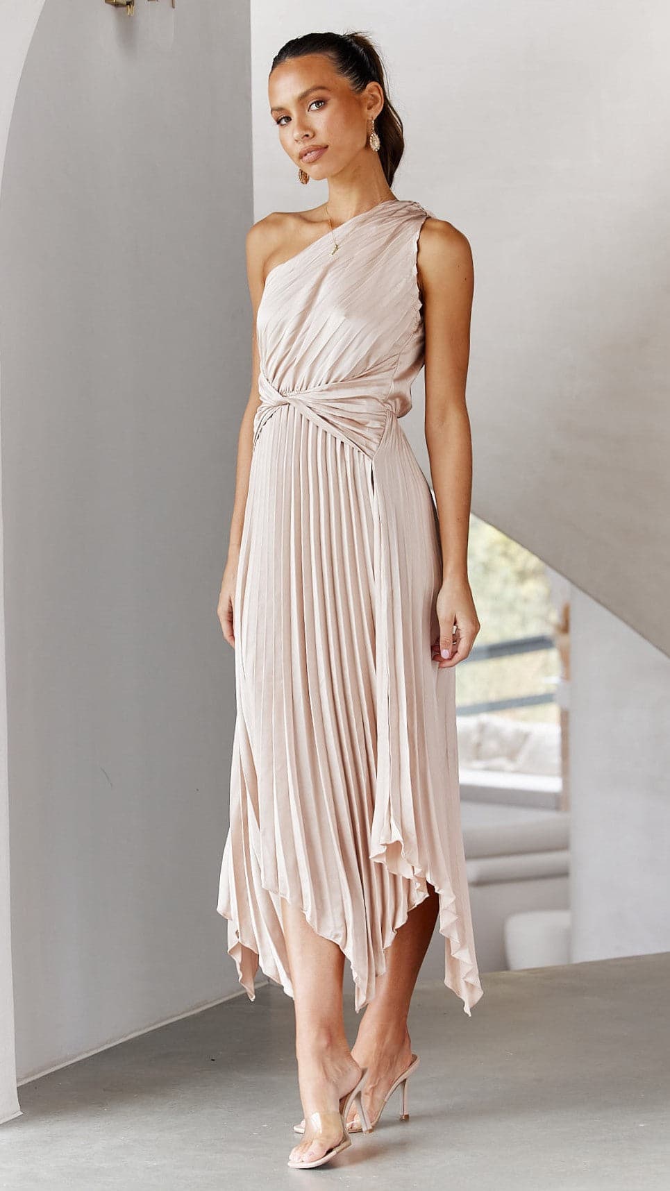 Elegant One Shoulder Midi Dress in Champagne - Perfect for Cocktail Parties, Weddings & Evening Events