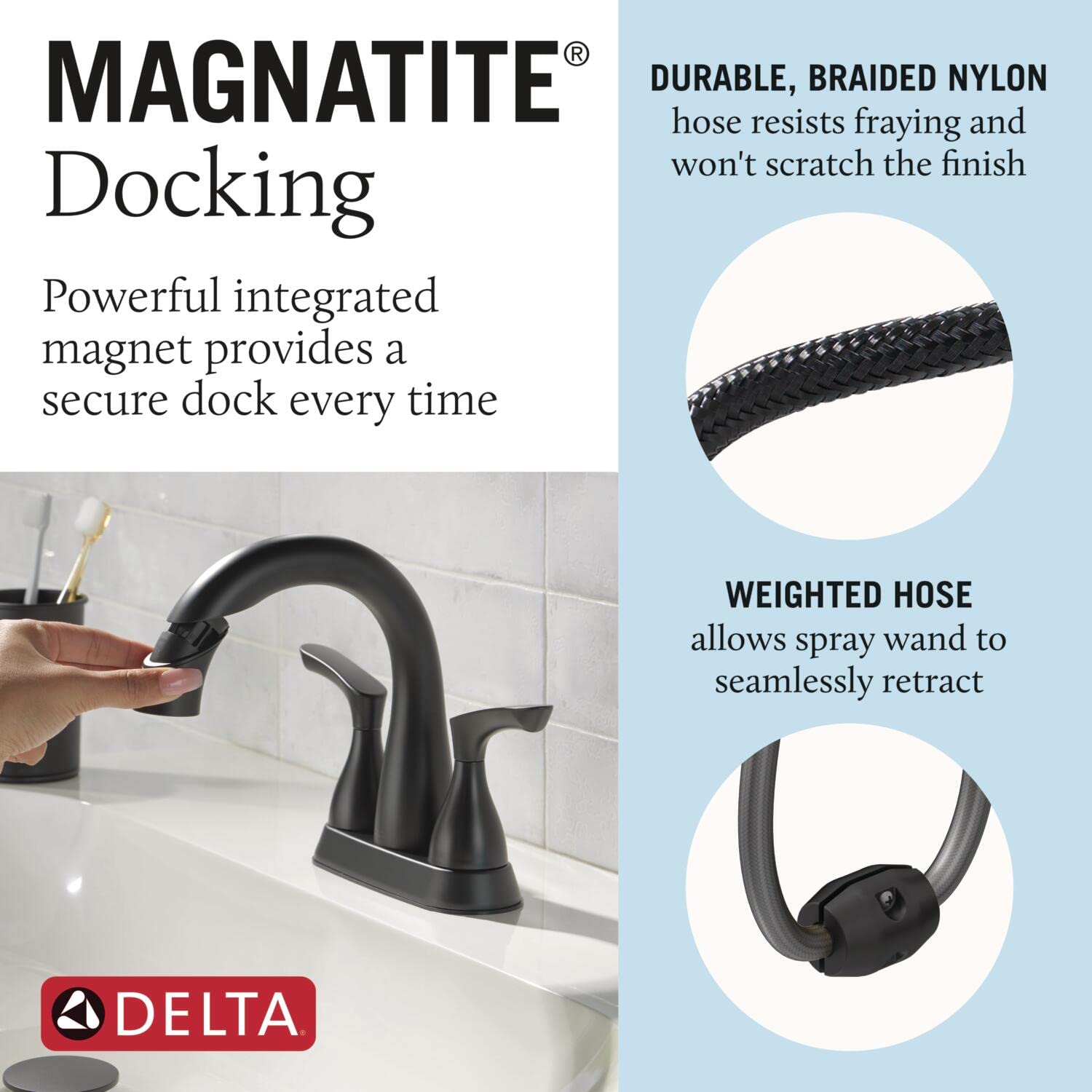 Delta Faucet Broadmoor Pull Down Bathroom Faucet in Matte Black - Centerset Bathroom Sink Faucet with Magnetic Docking Sprayer - Perfect for Modern Bathrooms and Powder Rooms (Model 25765LF-BLPD)