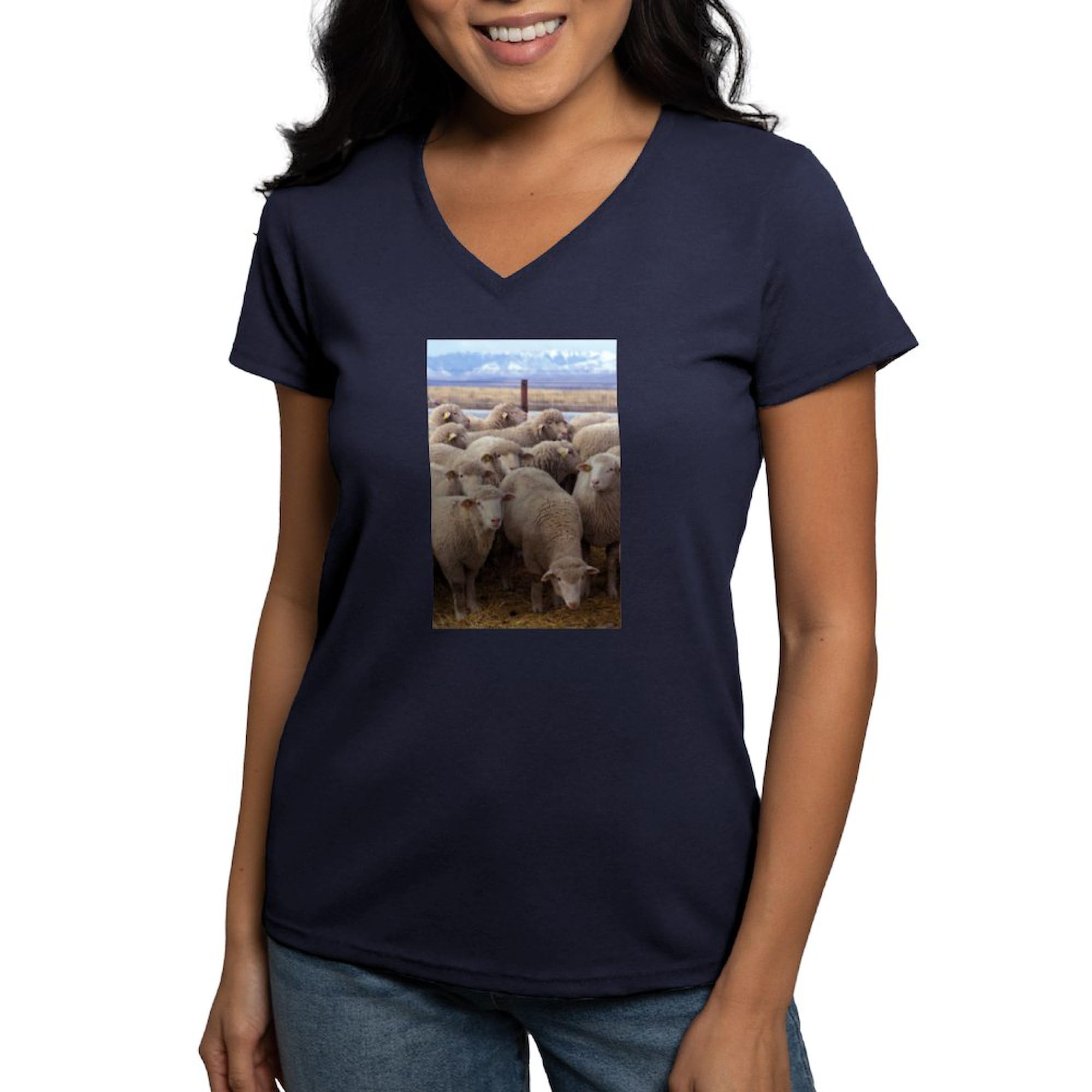 Women's Cotton V-Neck T-Shirt with Sheep Herd Design - Soft & Comfortable Casual Tee for Everyday Wear, Outings & Gifts