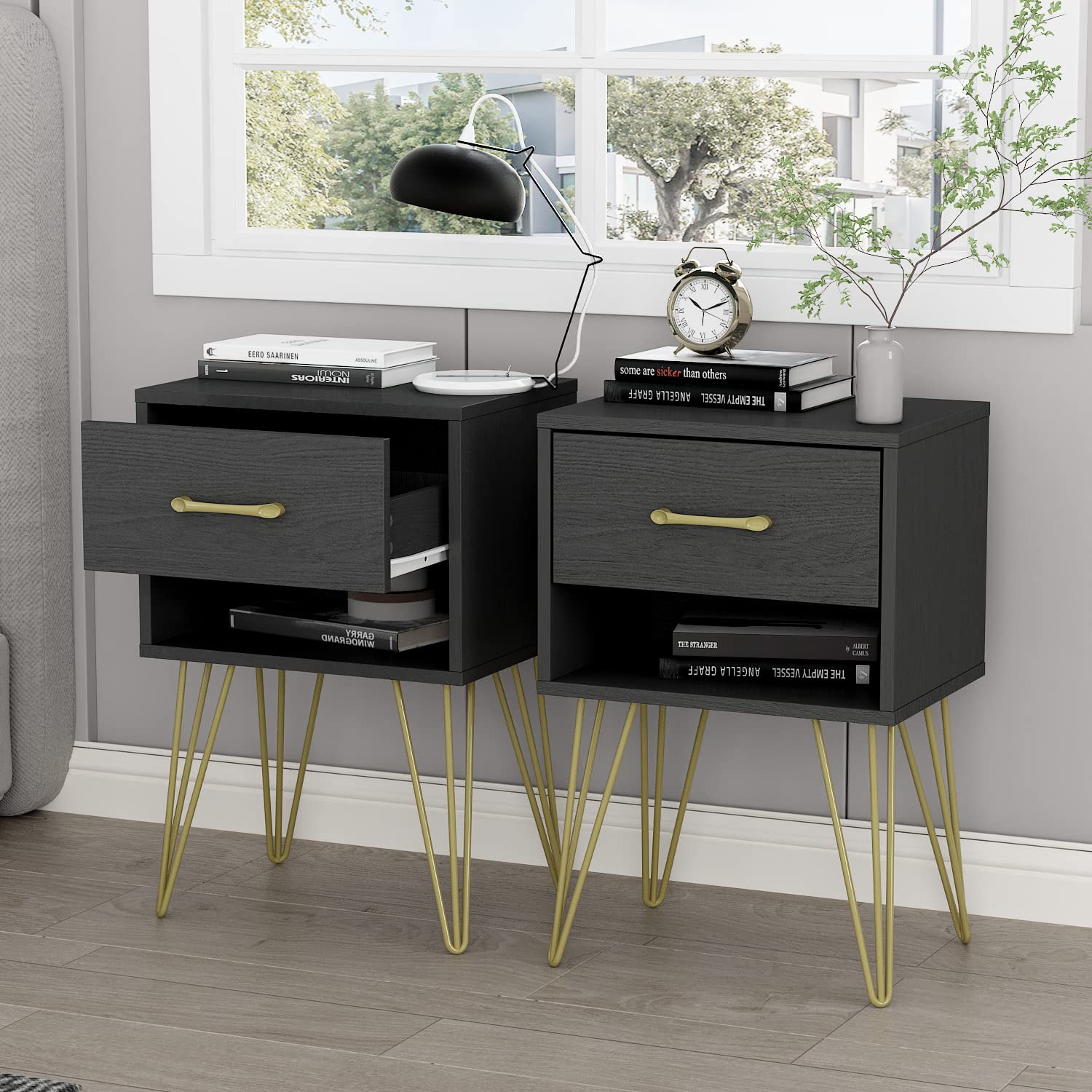 AIEGLE Modern Nightstand Set of 2 - Wooden Bedside Tables with Drawer & Shelf, Small Space Storage End Tables with Gold Metal Legs for Bedroom, Living Room, Dorm (15.7