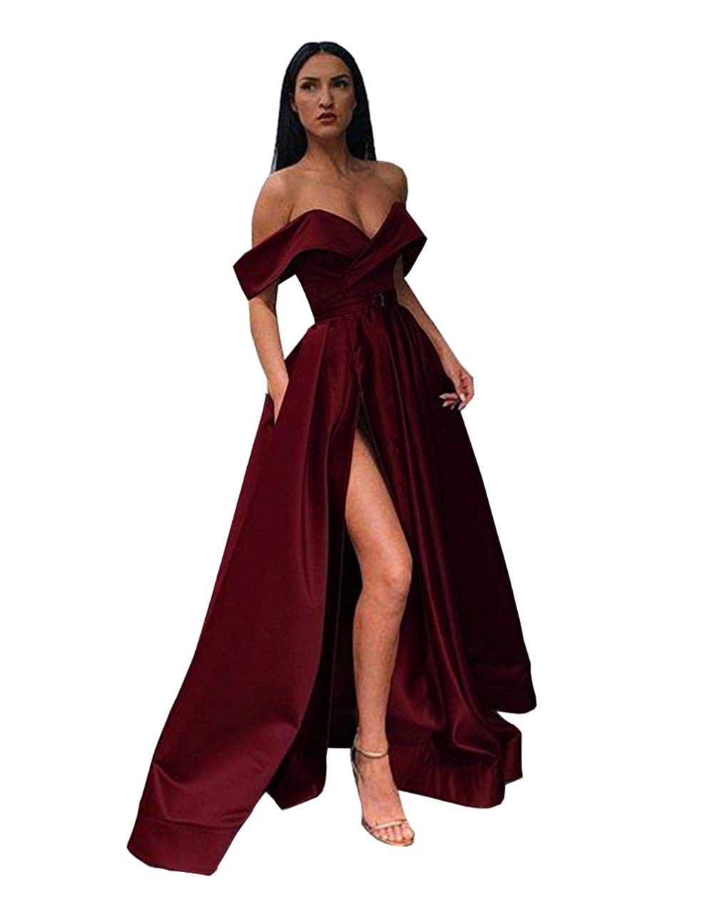 Emanni Women's Off Shoulder Long Side Slit Satin Prom Dress - A-Line Evening Gown for Formal Parties, Homecoming, Wedding Guest & Special Occasions - Plum Color