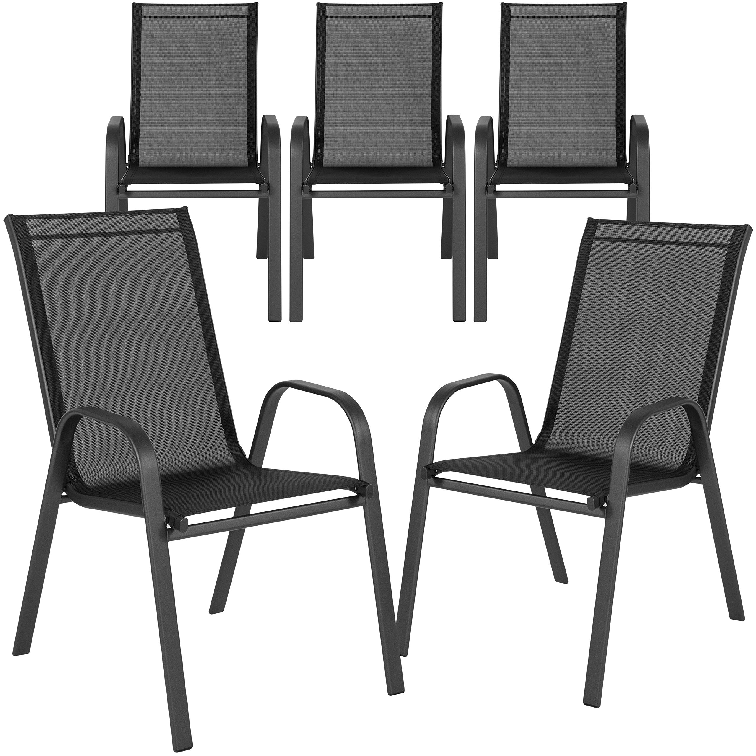 Flash Furniture Brazos Series Outdoor Stackable Patio Chairs with Flex Comfort Material - Set of 5 Black Modern Sling Chairs for Backyard, Poolside & Garden Relaxation