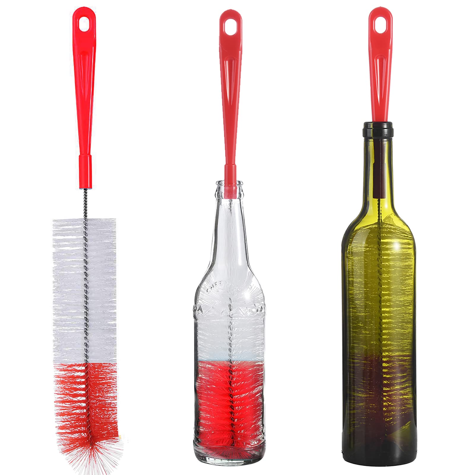 ALINK 3-Pack Long Red Bottle Brush for Beer, Wine, Hydroflask - 16/17 Inches - Perfect for Narrow Neck Cleaning