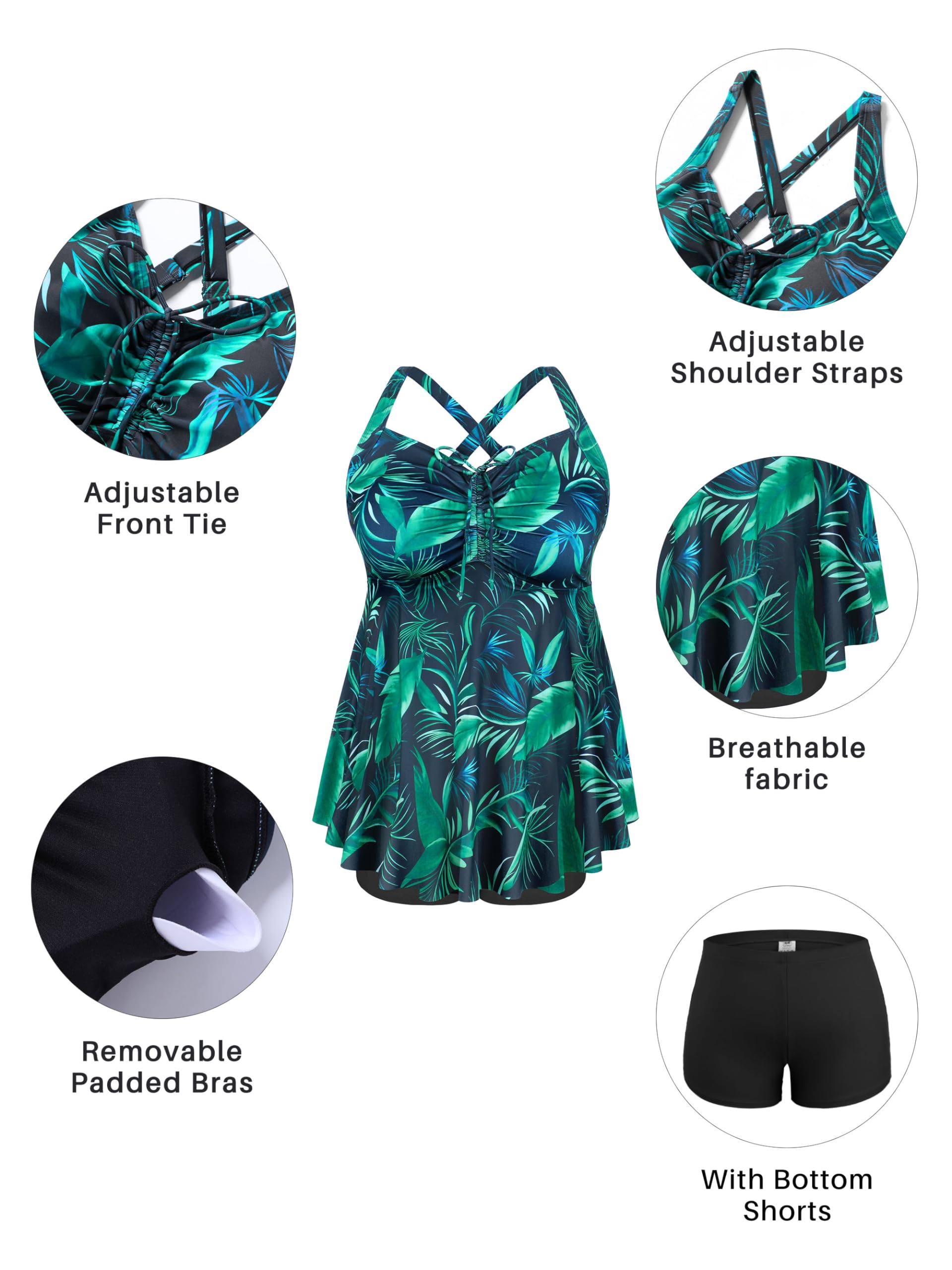 NIEYOOK Plus Size Women's Tankini Swimsuits - Tummy Control Bathing Suit with Swim Shorts & Swim Dress | Two Piece Swimwear for Beach, Pool & Vacation