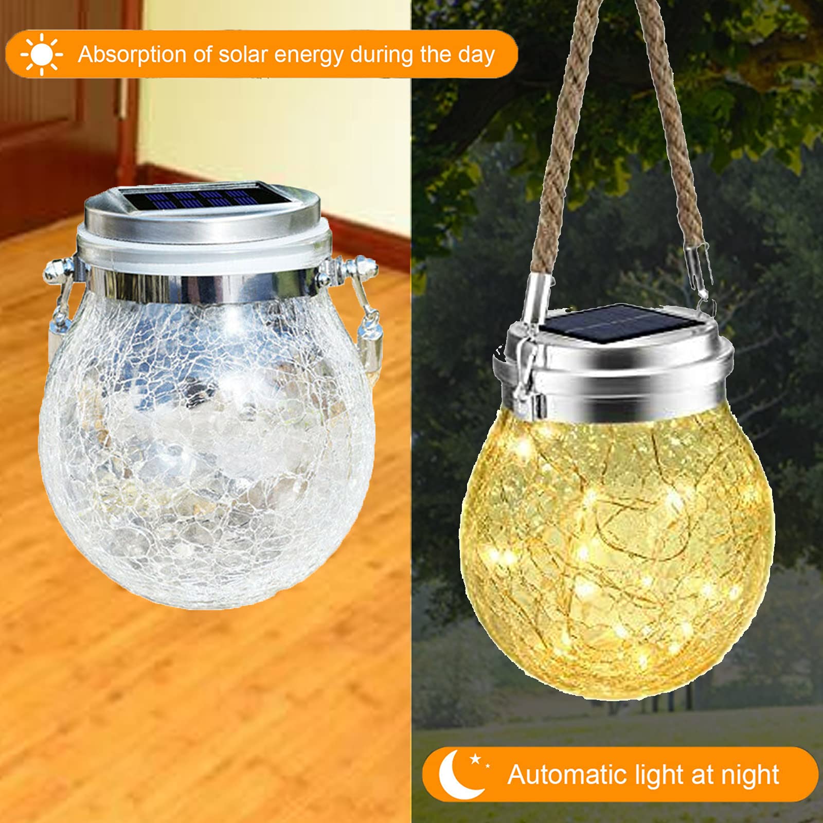 2 Pack 30 LED Solar Cracked Globe Lights - IP65 Waterproof Hanging Outdoor Lanterns for Garden, Fence, Patio - Warm White Decorative Lighting for Wedding, Halloween & Christmas Parties
