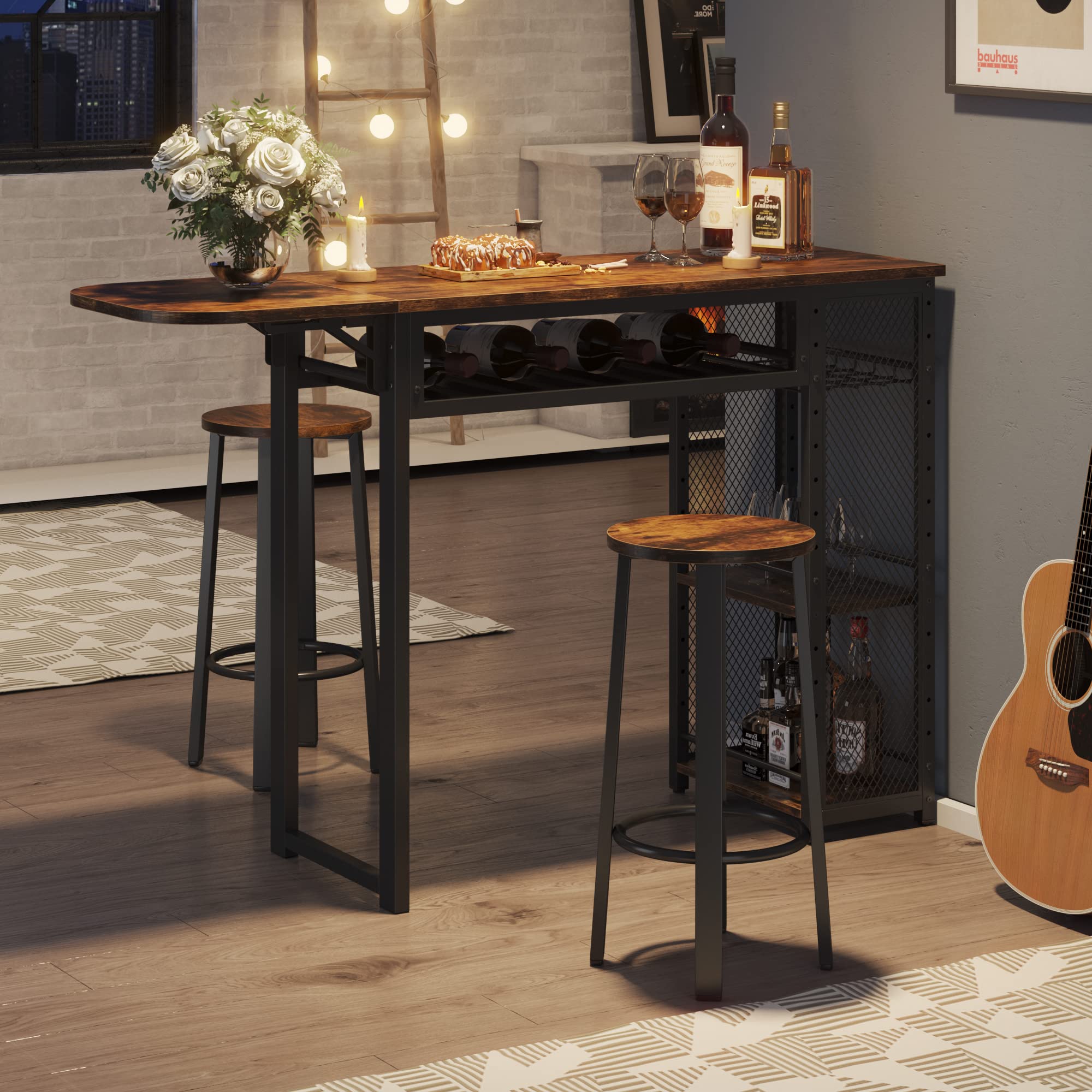Bestier Expandable Bar Table and Chair Set with 2 Bar Stools, Industrial Kitchen Counter with Wine Rack & 3-Tier Adjustable Storage Shelves - Rustic Brown - Perfect for Small Spaces, Dining Rooms, Kitchen Islands, and Home Bars