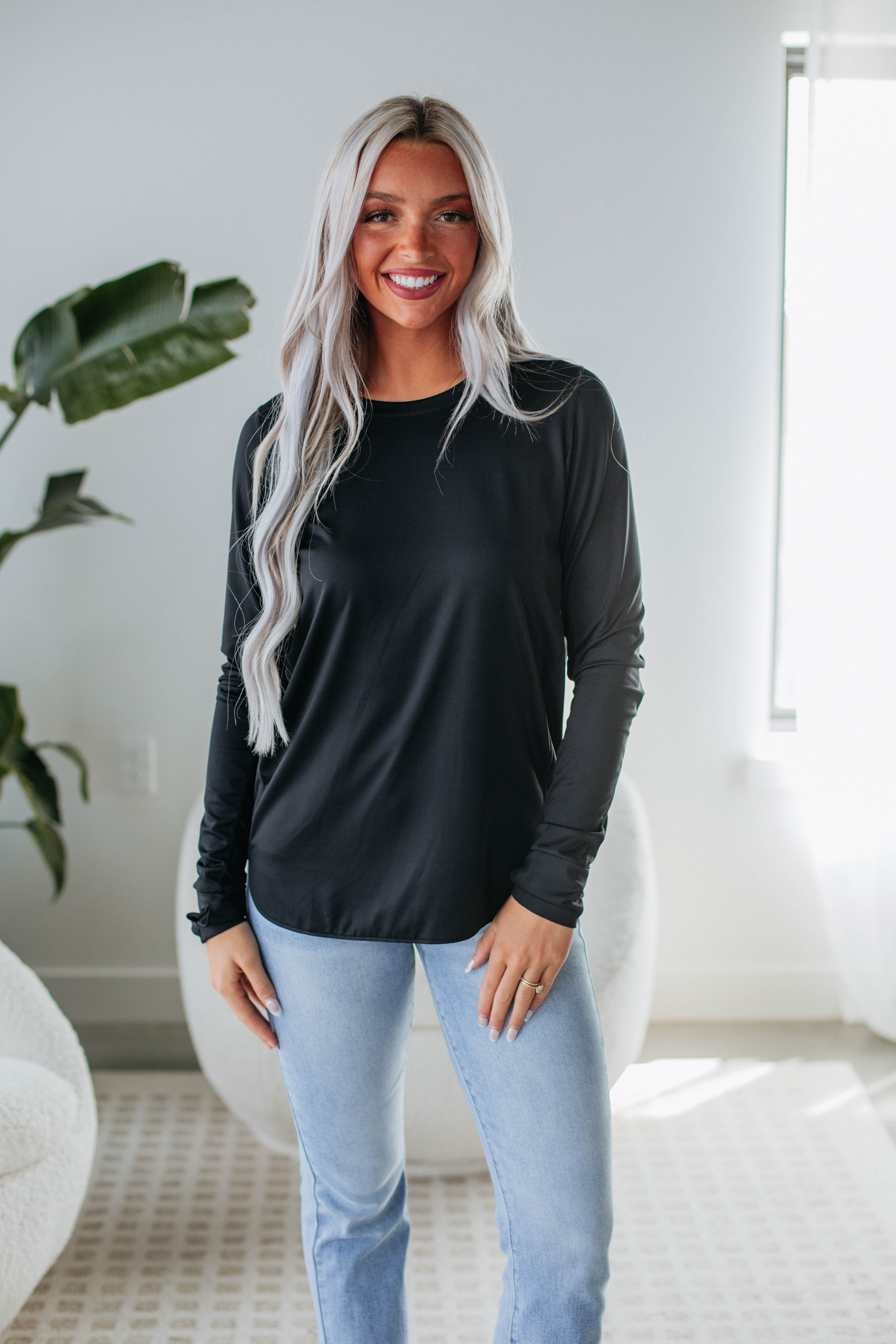 Allura Women's Long Sleeve T-Shirt - Soft Stretch Black Top for Casual Wear & Layering | Perfect for Work, Travel & Everyday Outfits