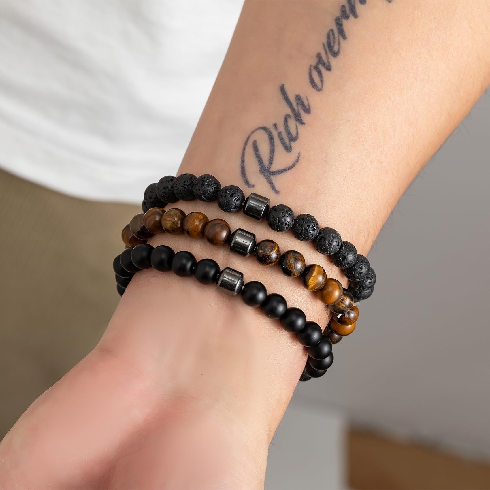 MOROTOLE Men's Beaded Bracelet Set - 8MM Natural Tiger Eye Stone & Lava Rock Stretch Bracelet with Black Crystal Beads - Adjustable for Wrist Sizes - Perfect Gift for Men, Father, Boyfriend, Brother - Ideal for Casual Wear, Office, and Outdoor Adventures