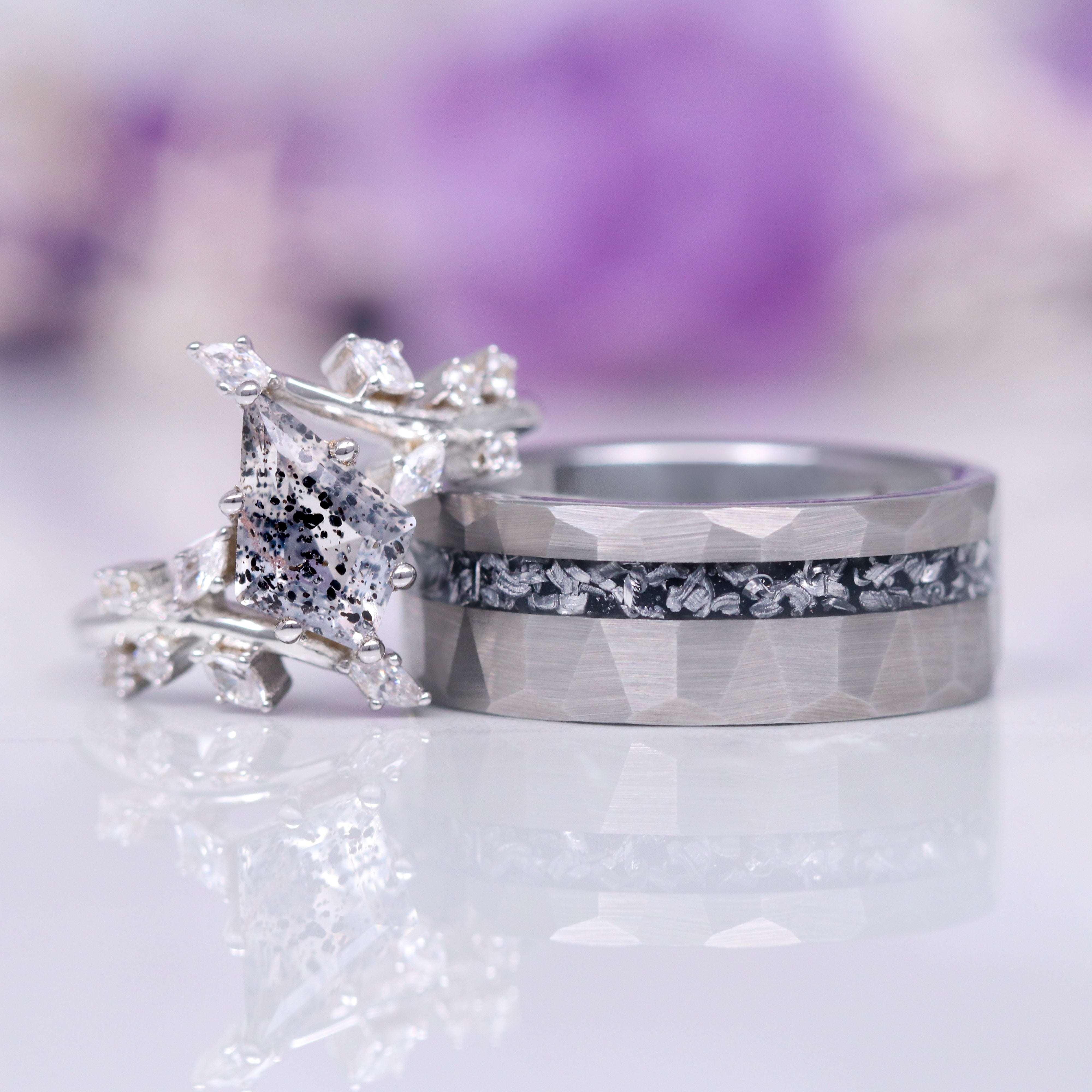 Galaxy Raw Salt & Pepper Herkimer Diamond Leaf Ring - Sterling Silver Jewelry for Women, Nature-Inspired Bohemian Style, Perfect for Everyday Wear & Special Occasions
