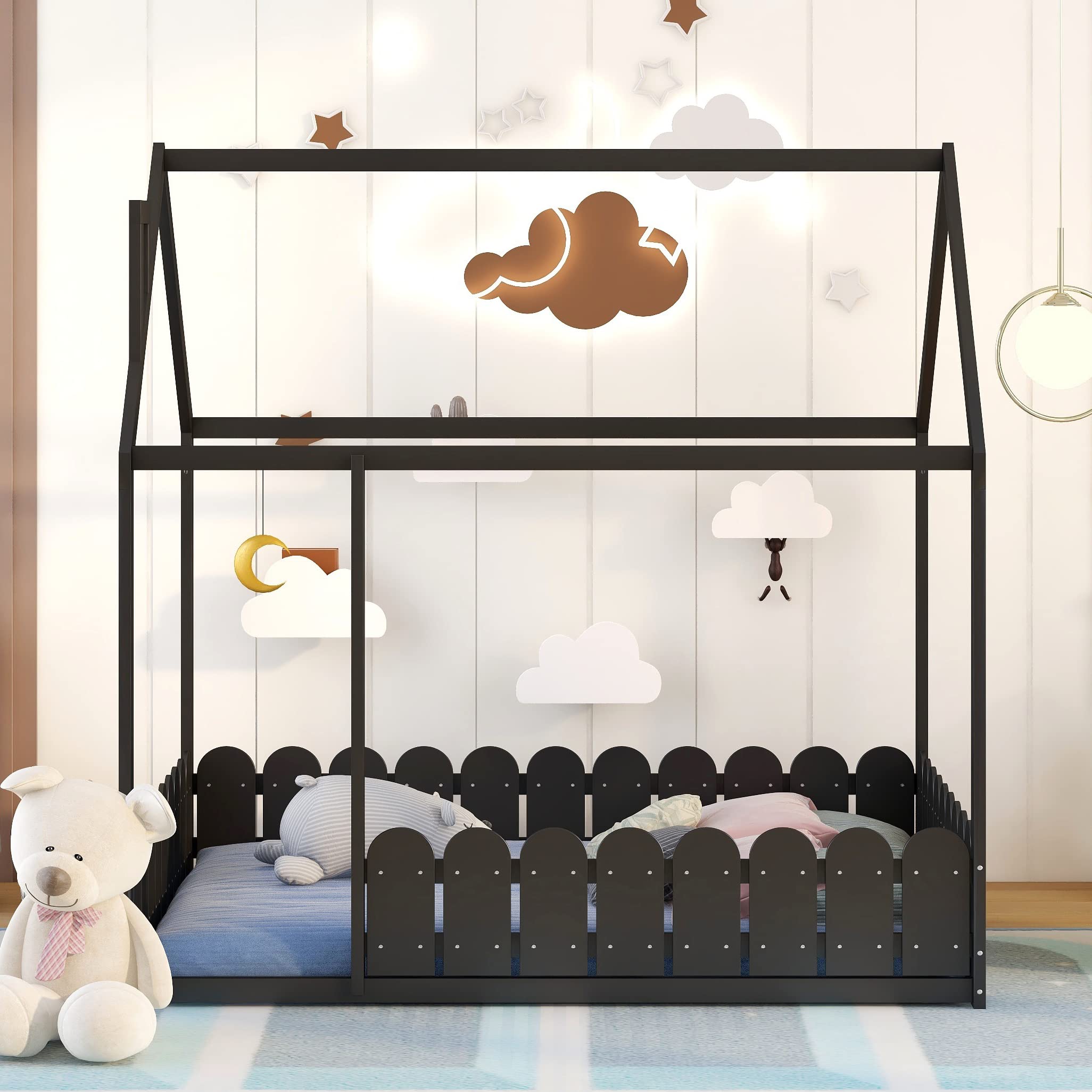 Montessori Full Size House Bed Frame with Safety Fence - Wooden Playhouse Cottage Bed for Kids, Teens, Boys & Girls - No Box Spring Needed (Espresso Finish) - Perfect for Bedrooms, Playrooms & Montessori Learning Spaces