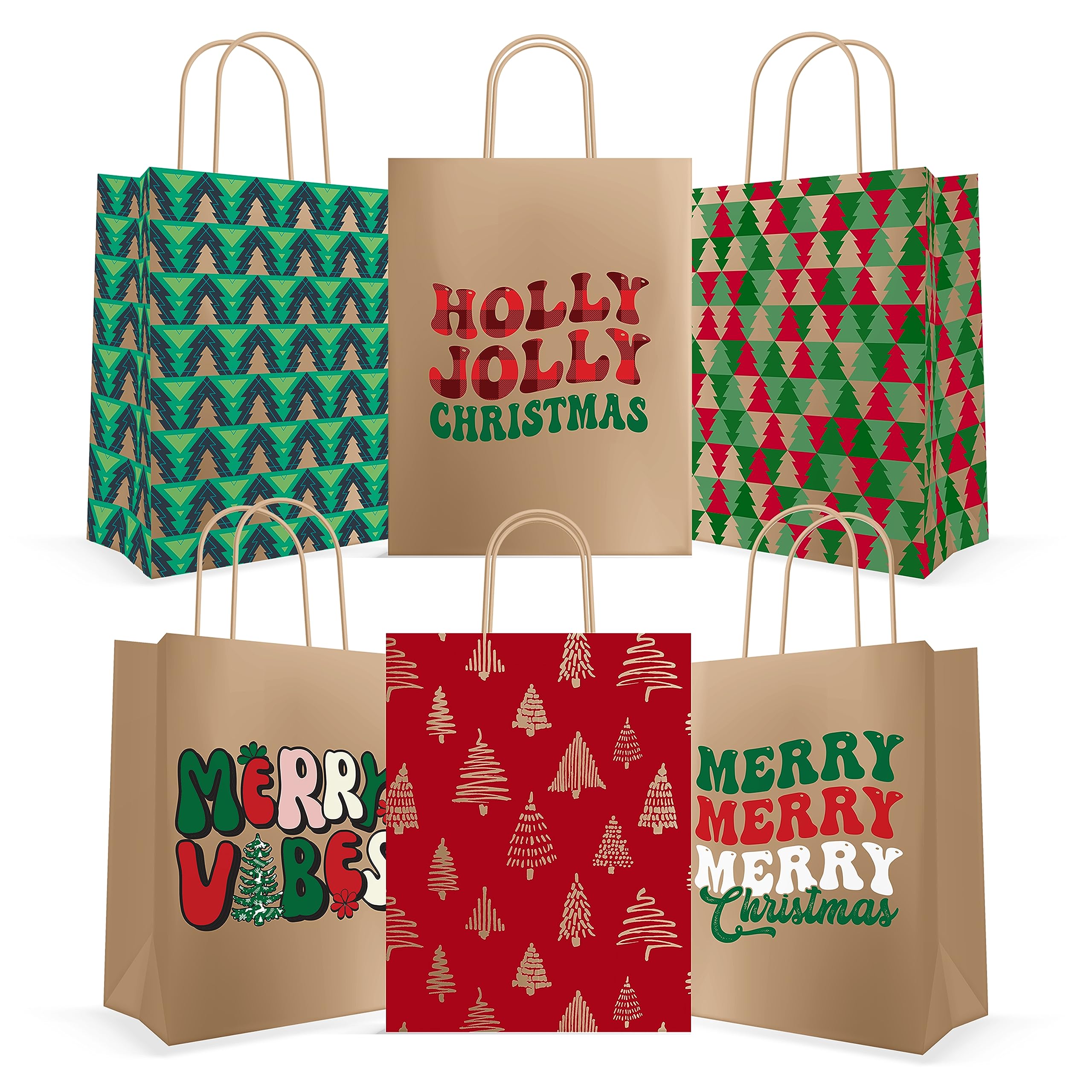 30 Christmas Kraft Gift Bags - 6 Festive Designs for Holiday Presents, Xmas Party Favors & Classroom Treats (9