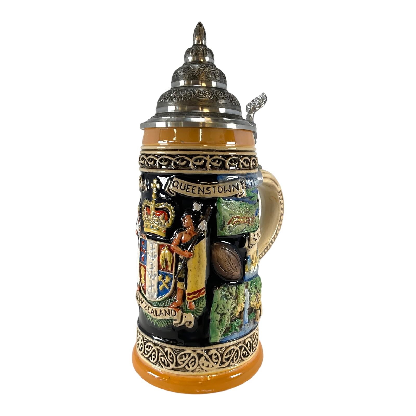 Authentic New Zealand Coat of Arms & Landmarks 0.5L German Beer Stein - Perfect for Oktoberfest, Home Bar Decor & Gift for Beer Lovers