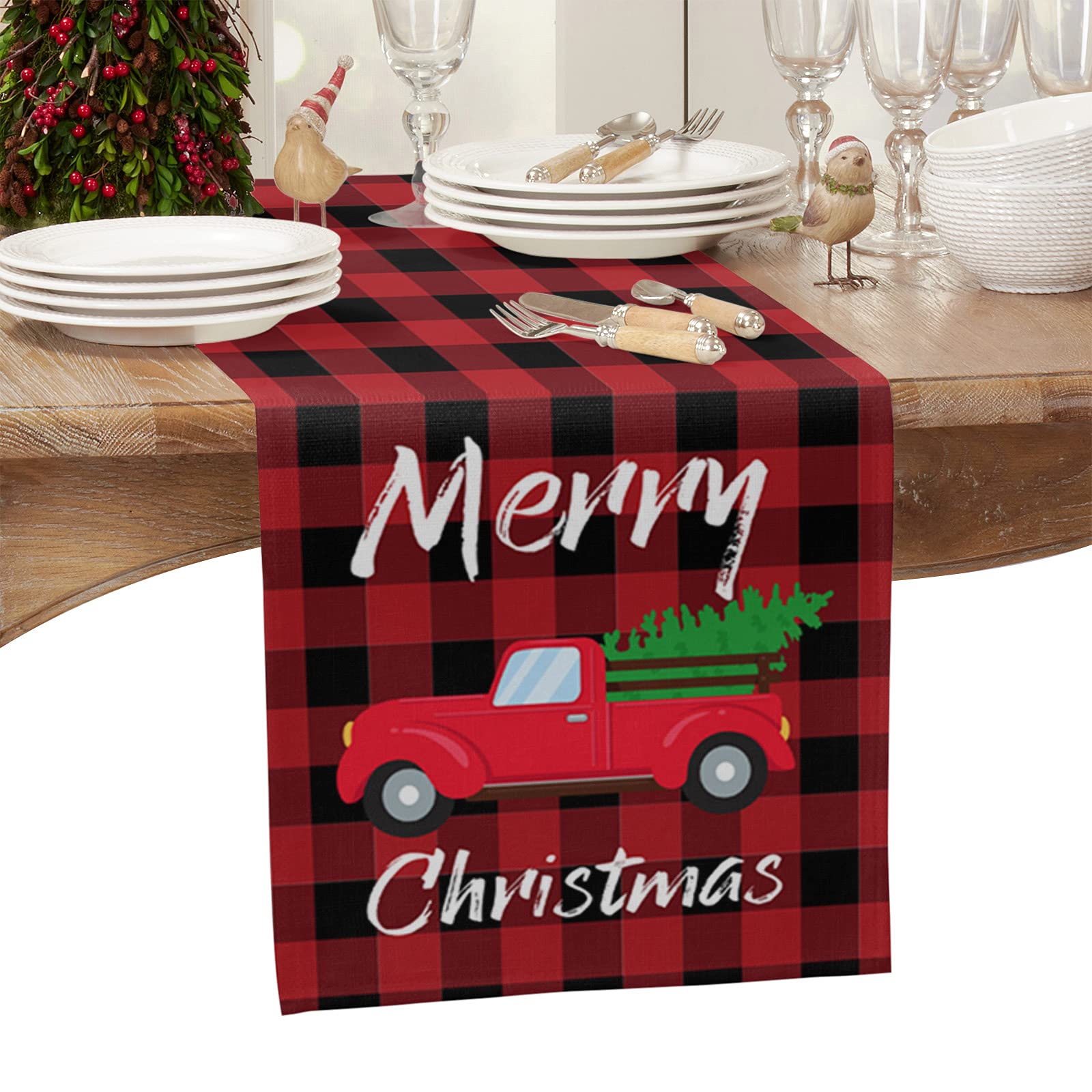 72 Inch Long Red and Black Buffalo Plaid Christmas Table Runner - Holiday Truck with Tree Design for Kitchen, Dining Table, Party & Home Decor (13x72 inches) - Perfect for Christmas Celebrations, Dinner Parties, and Festive Home Styling