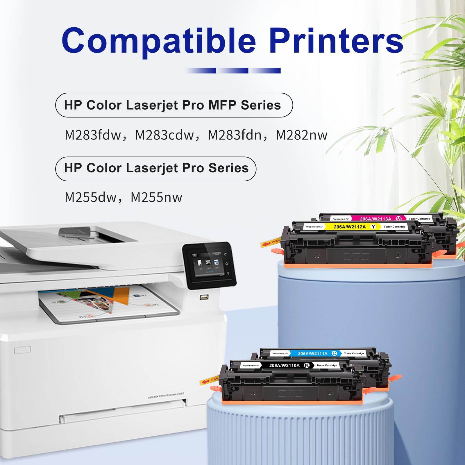 HP 206A Toner Cartridges 4-Pack - Compatible Replacement for HP LaserJet 206A/206X (W2110A) | Works with Color LaserJet Pro MFP M283fdw, M283cdw, M283fdn, M255dw, M255nw Printers | High-Quality Ink for Home & Office Printing