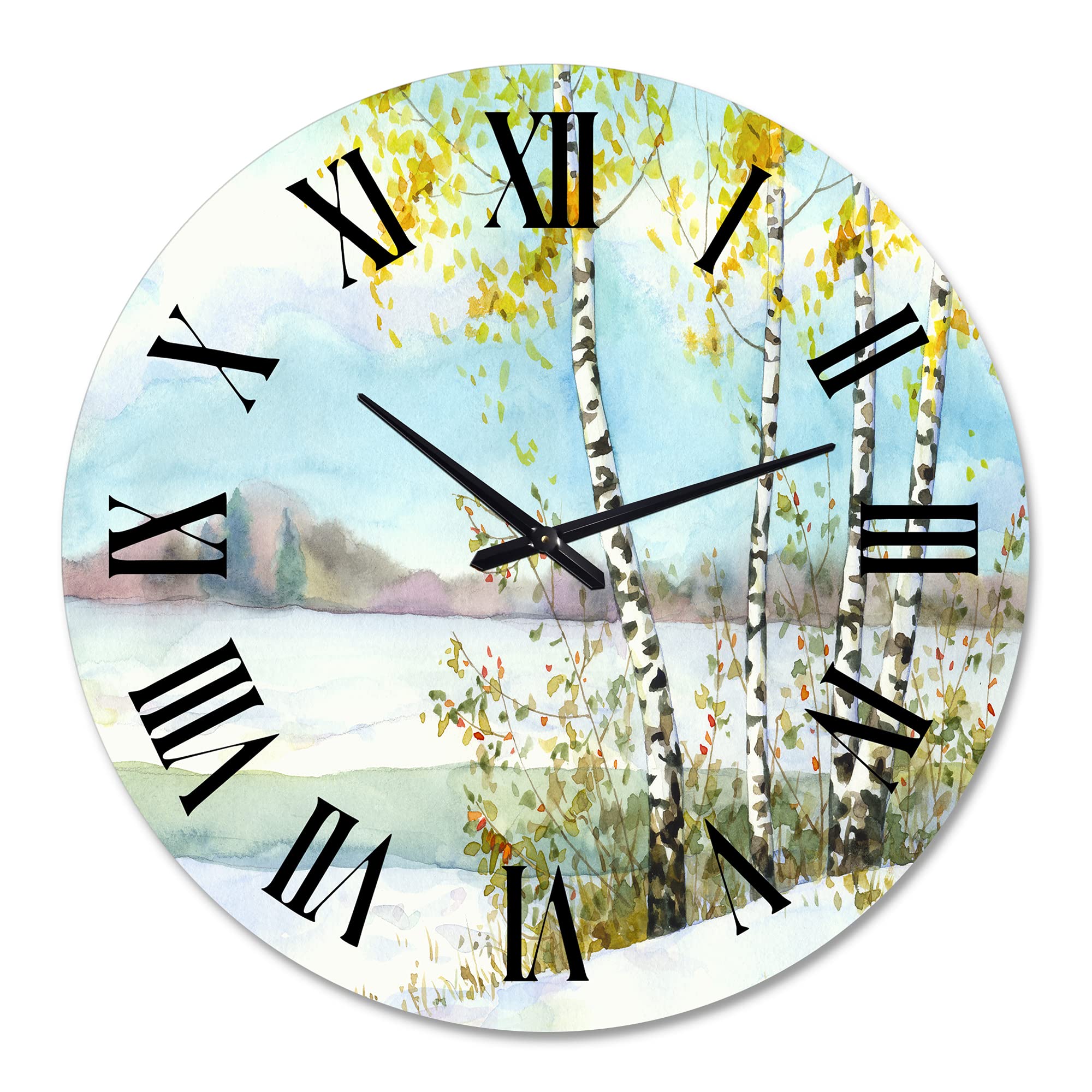 DesignQ Lake House Wall Clock 'Birches in Snowy Field' - Large Nature Landscape Wall Clock for Living Room, Bedroom & Office Decor - Perfect Rustic Home Décor for Cabin, Farmhouse & Modern Spaces