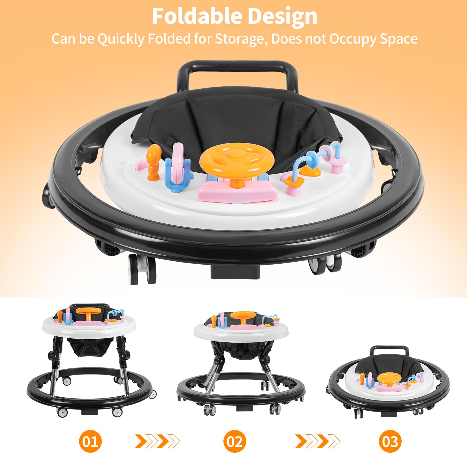 Foldable Baby Walker with Activity Center & Music - Adjustable Height (5 Levels) for Boys & Girls 6-12 Months - Includes Feeding Tray & Wheels - Perfect for Learning to Walk & Indoor Playtime