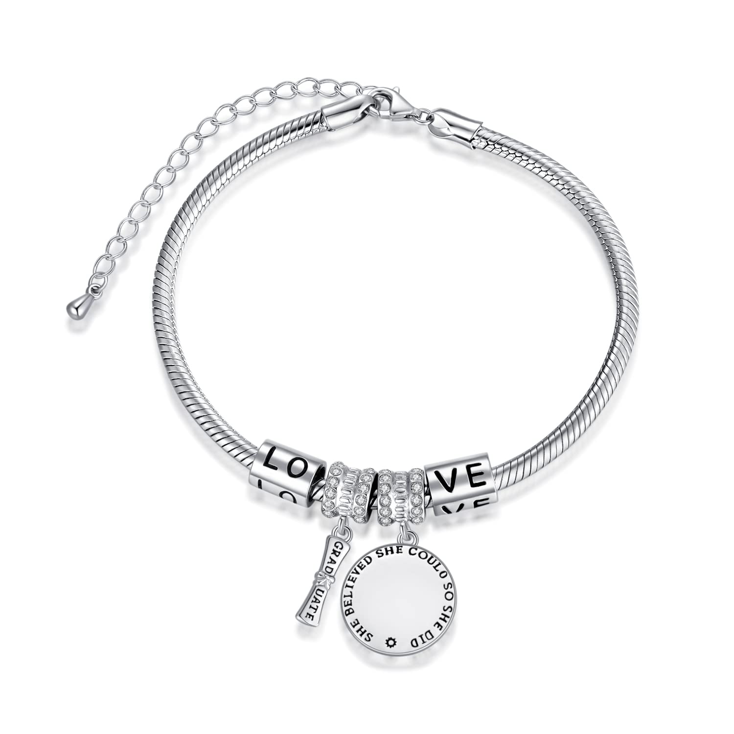 AOBOCO Sterling Silver Inspirational Graduation Snake Bracelet - Perfect College, Masters & Nursing Graduation Gift for Her, Granddaughter, Women (6.5-8.5