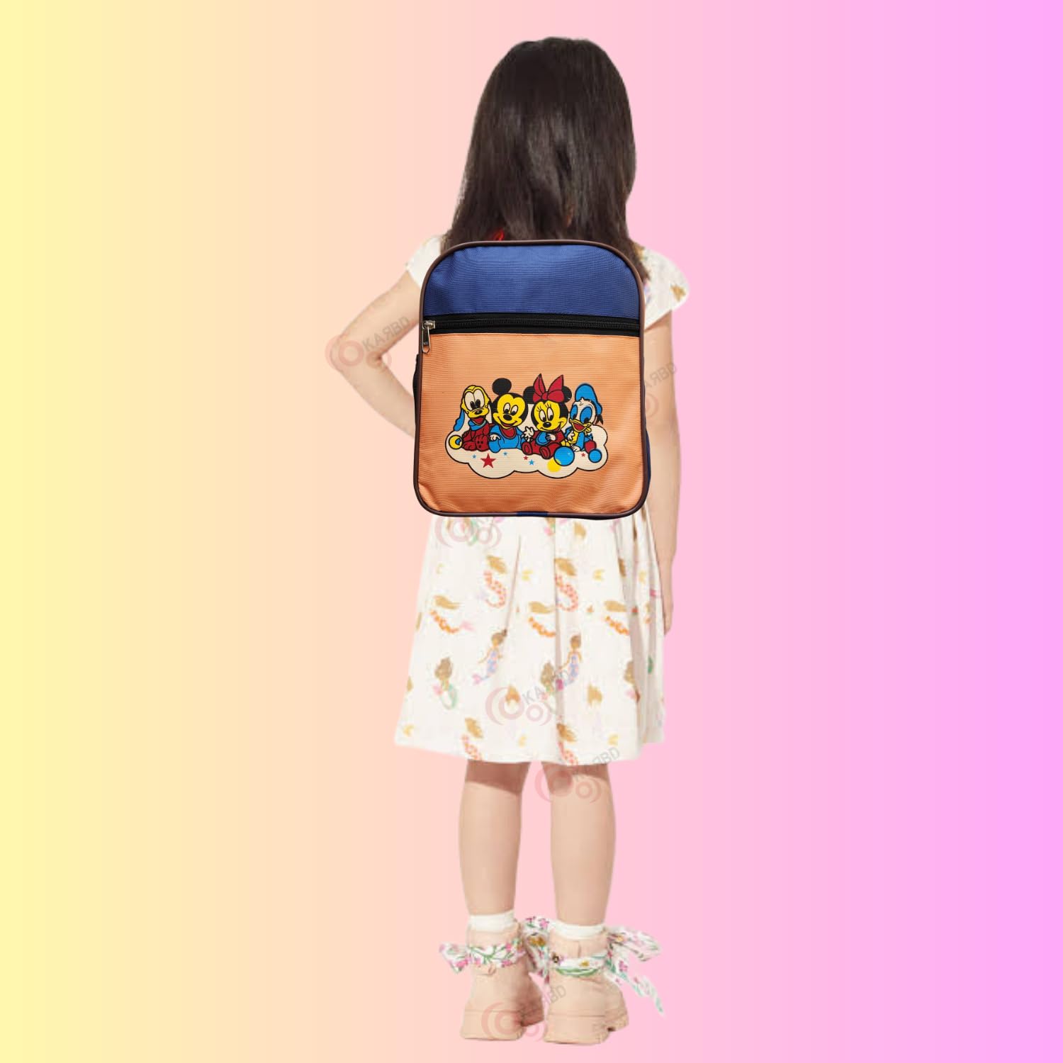 KARBD Kids Backpack for Boys & Girls - 12 Inch School Bag with Multiple Pockets, Compartments & Bottle Holder - Mickey Mouse Cartoon Design (Orange/Blue) - Perfect for School, Travel & Daily Use