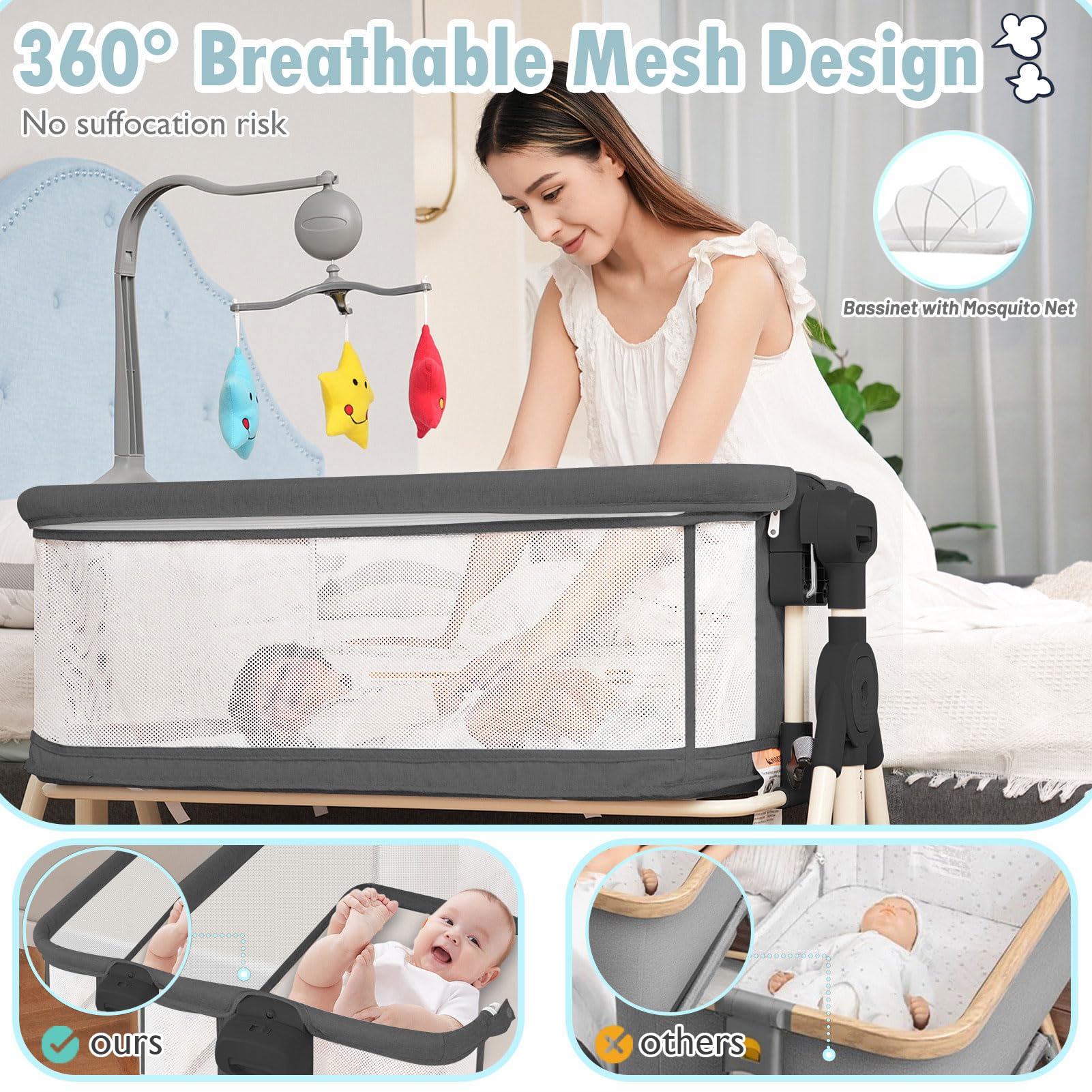 **3-in-1 Adjustable Baby Bassinet with Musical Toys, Storage Basket & Wheels – Portable Rocking Crib for Newborns – Bedside Sleeper for Nursery & Travel (Black)**    *(Perfect for Co-Sleeping, Nighttime Feeding & On-the-Go Parents)*