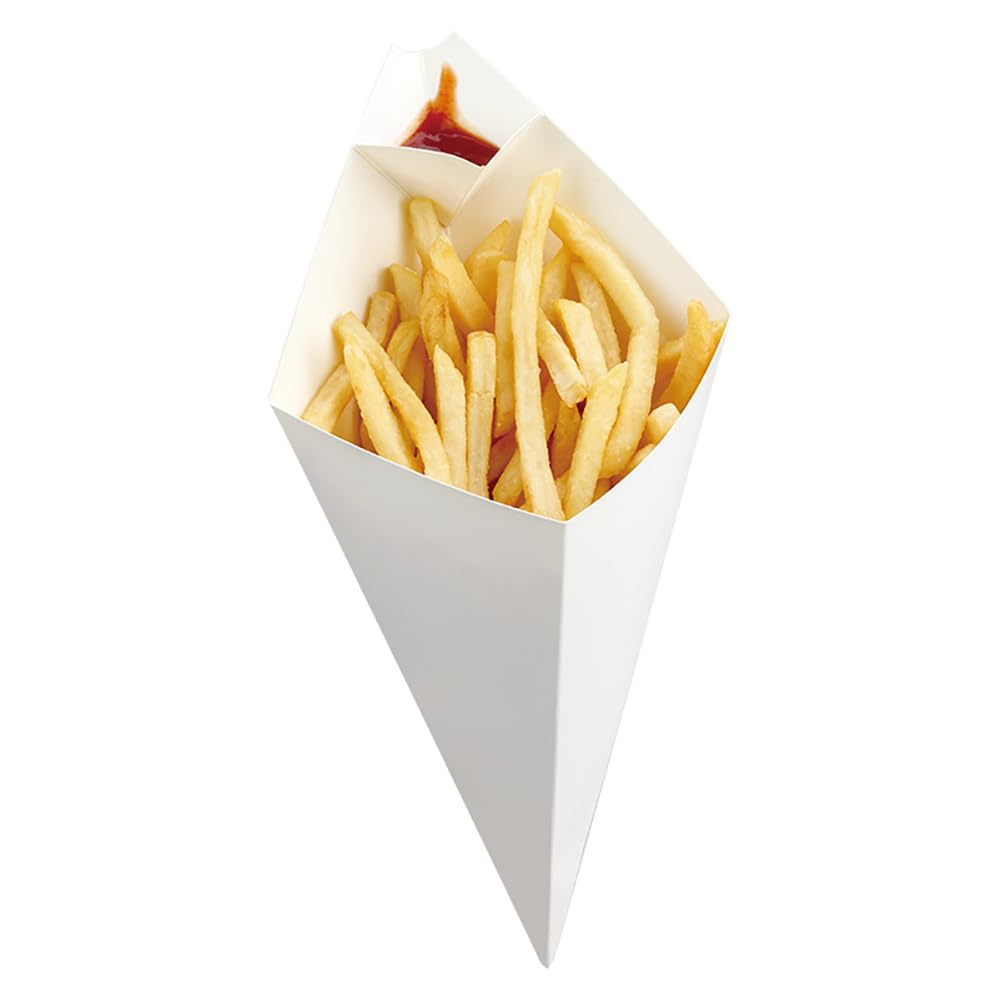 50 Pcs White French Fry Cone Holders - Medium Paper Food Containers with Built-in Dipping Pocket | Disposable Appetizer Bags for Parties, Carnivals & Fast Food Restaurants