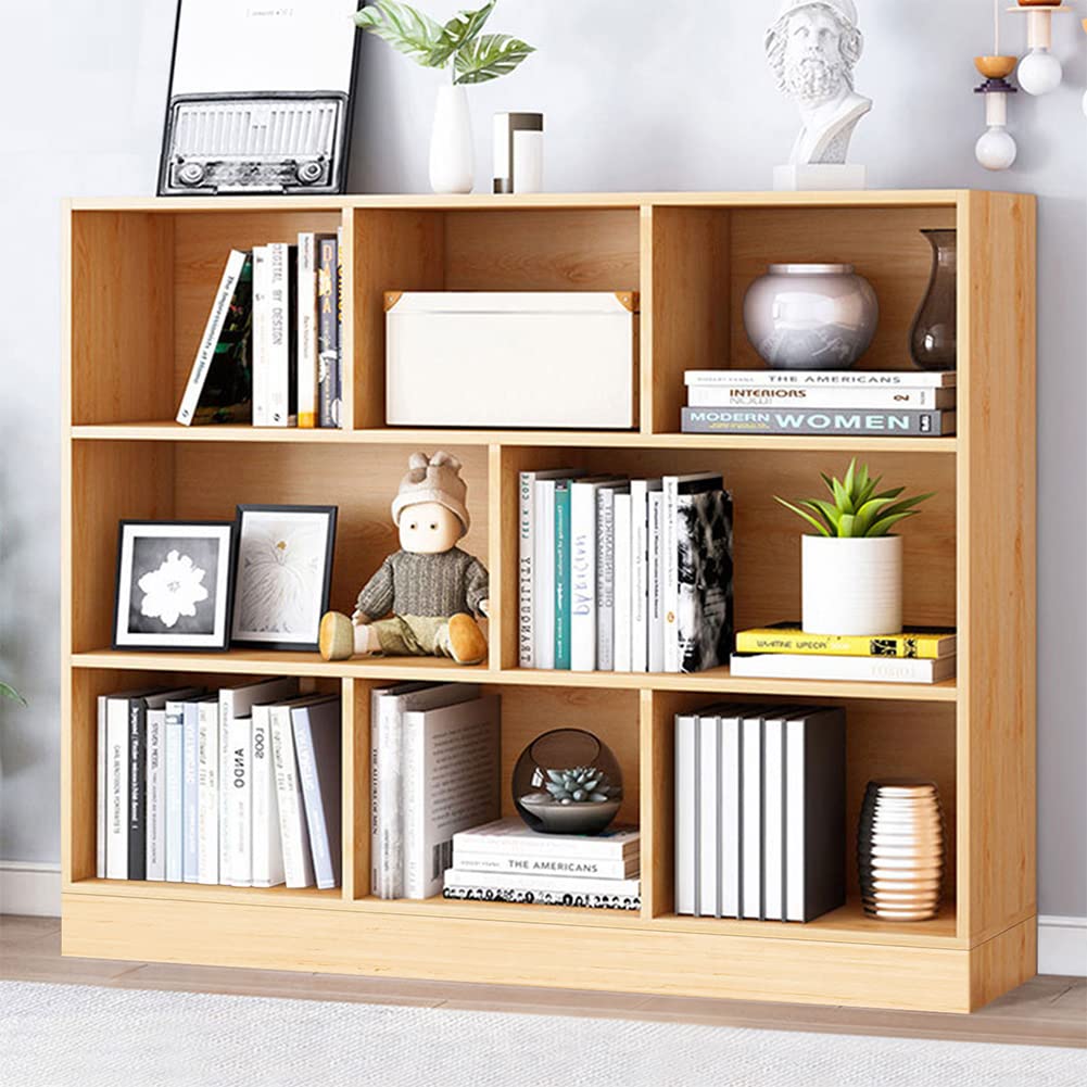 IOTXY 3-Tier Open Shelf Bookcase - Wooden Floor Standing Display Cabinet with 8 Cubes, Short Horizontal Bookshelf Organizer in Pear Yellow for Living Room, Bedroom, or Office Storage