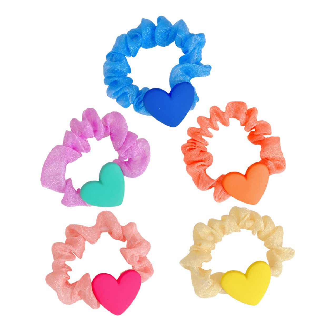 FRCOLOR 5-Pack Heart Ruffled Hair Ties for Women & Girls - Soft Elastic Hair Scrunchies, Resin Hair Bands, Cute Hair Accessories for School, Work, Party & Everyday Use