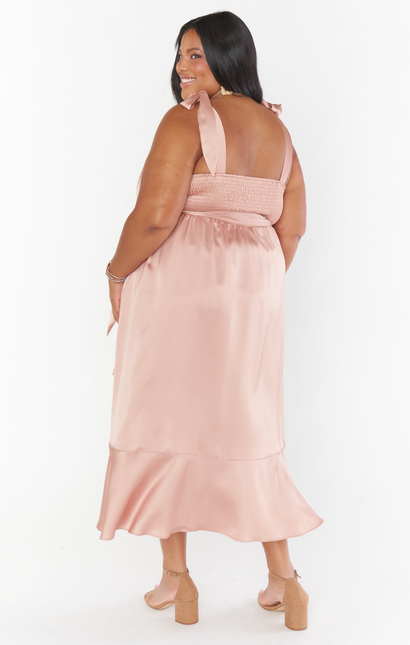 Claire Midi Dress - Rose Gold Luxe Satin Formal Evening Gown for Women | Perfect for Weddings, Parties & Special Occasions