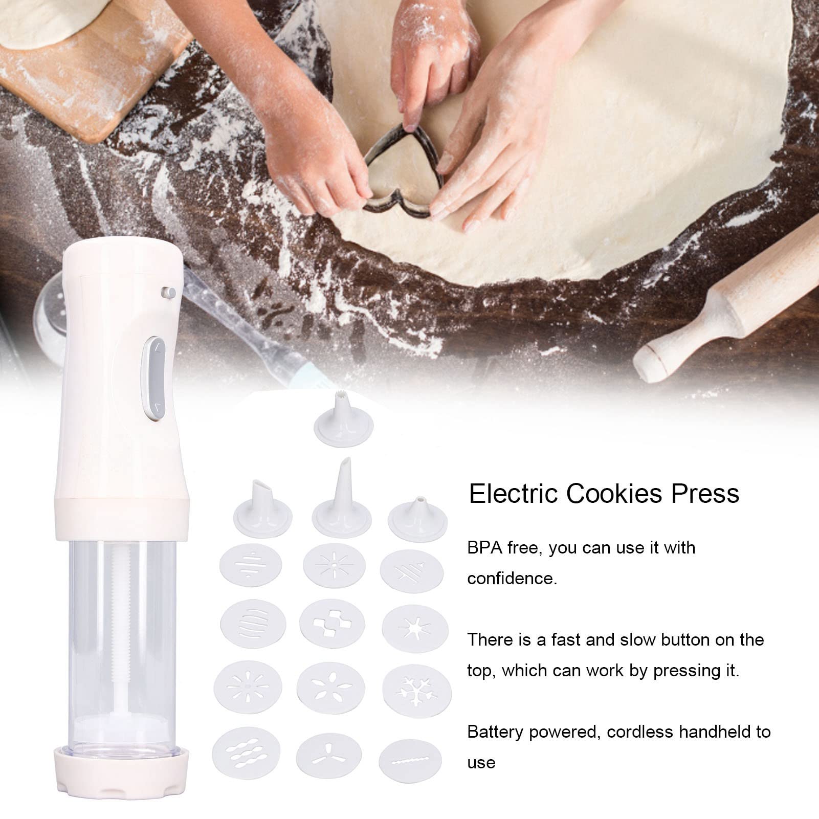 Electric Cookie Press Machine - Battery Operated Cookie Maker Kit with 9 Interchangeable Discs & Icing Tip for Baking, DIY Cookie Decorating - Perfect for Holiday Gifts, Birthday Parties & Home Baking