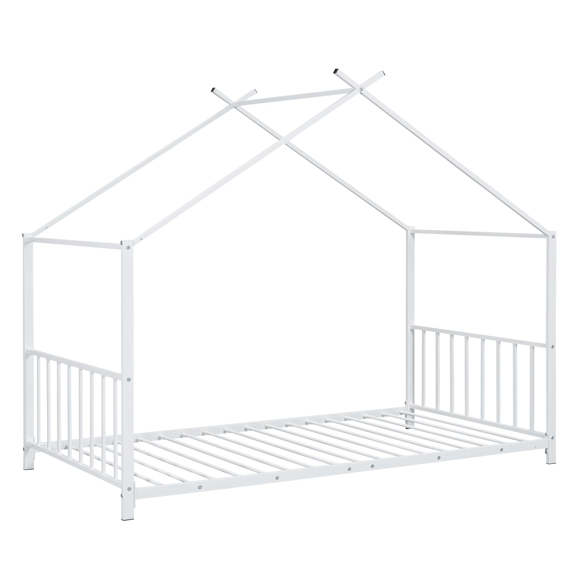 Montessori Twin Size Floor Bed for Kids - Sturdy Metal Frame with High Headboard & Roof - House Bed for Boys & Girls (White) - Perfect for Playrooms, Bedrooms & Montessori Learning Spaces