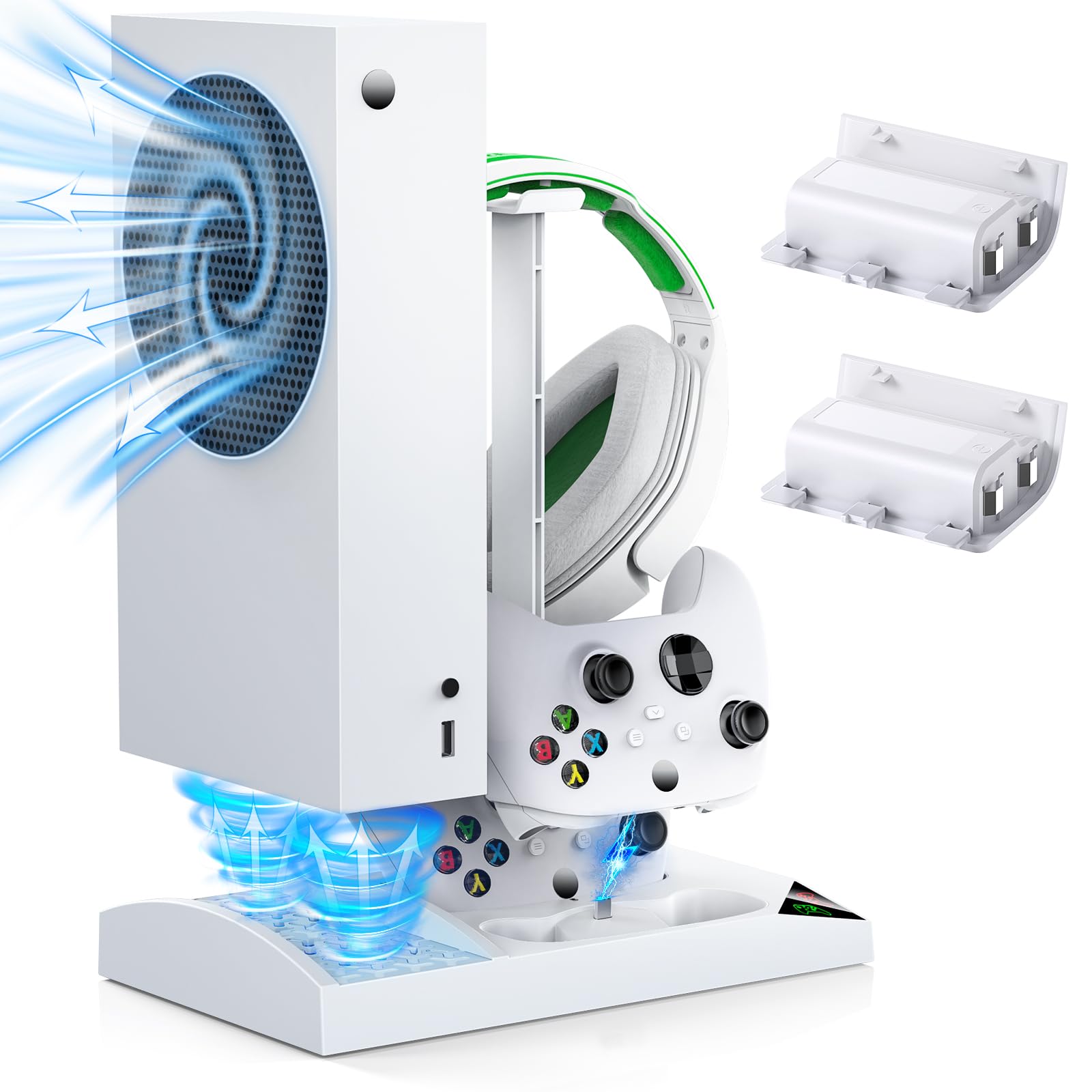 YUANHOT Vertical Cooling Stand with Dual Fan & Charging Station for Xbox Series S Console & Controller - Includes 2Pack 1400mAh Rechargeable Batteries & Headset Holder - Perfect for Gaming Setup & Accessories Organization