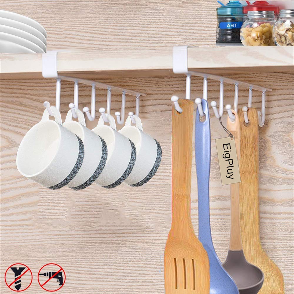 2-Pack Under Shelf Mug Hooks - No Drill Coffee Cup Holder, Kitchen Utensil Organizer for Cabinets (Fits 0.8