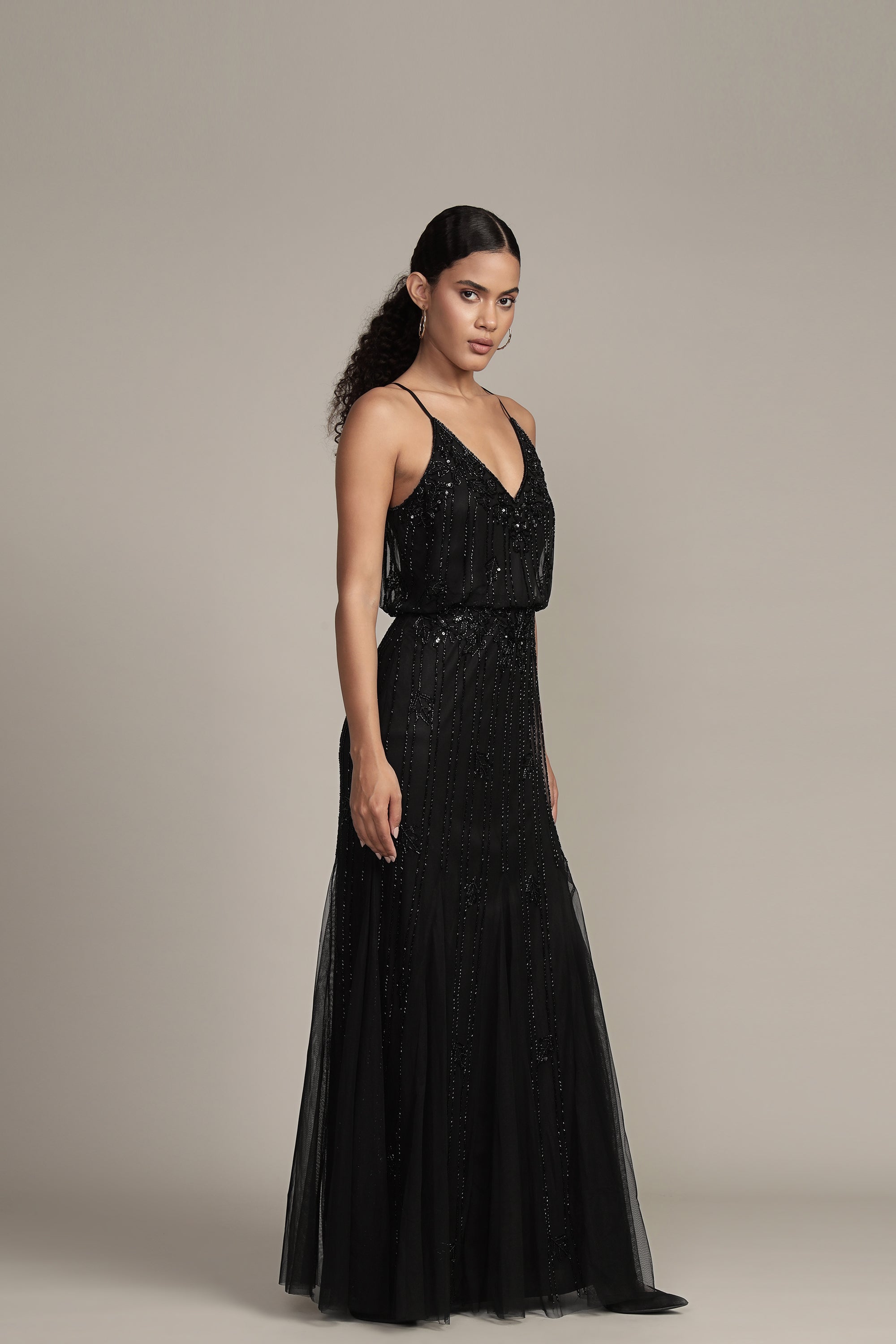 Keeva Black Beaded Maxi Dress for Women - Elegant Long Evening Gown with Intricate Beadwork, Perfect for Weddings, Parties & Special Occasions