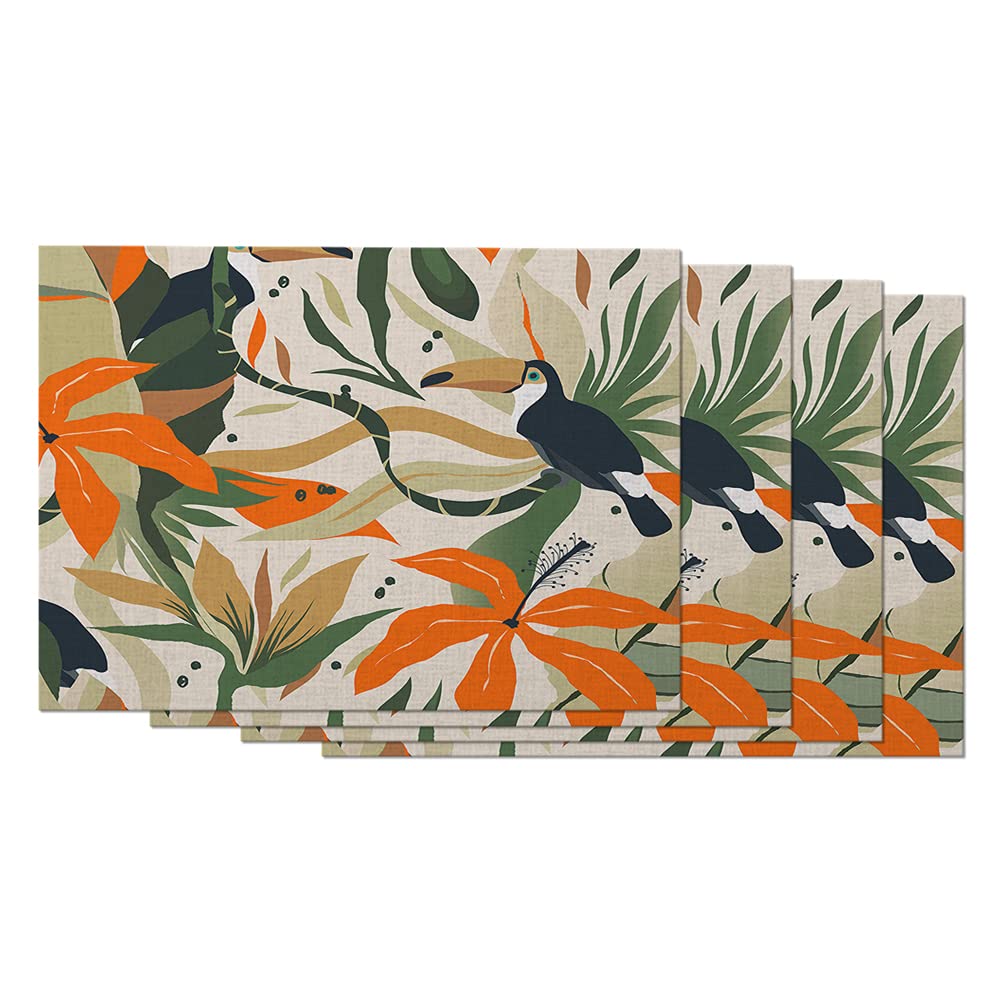 Exotic Jungle Placemats Set of 4 - Tropical Plants & Birds Design, 12x18 Inch Cotton Linen Table Mats for Dining Room, Kitchen, or Outdoor Decor | Waterproof & Eco-Friendly Home Decoration