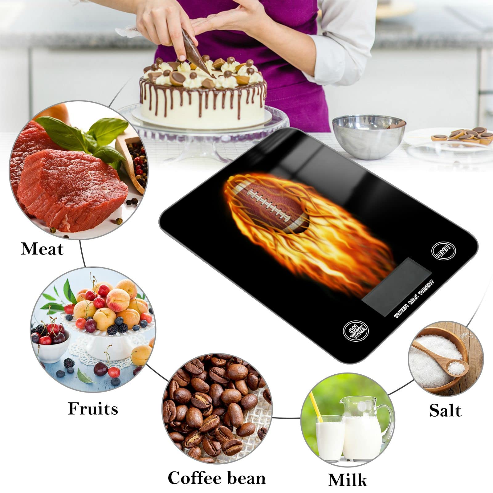 **Waterproof Digital Kitchen Scale for Cooking, Baking & Coffee - Flaming Football Design, Measures in Ounces & Grams - Perfect for Home, Restaurant & Office Use**