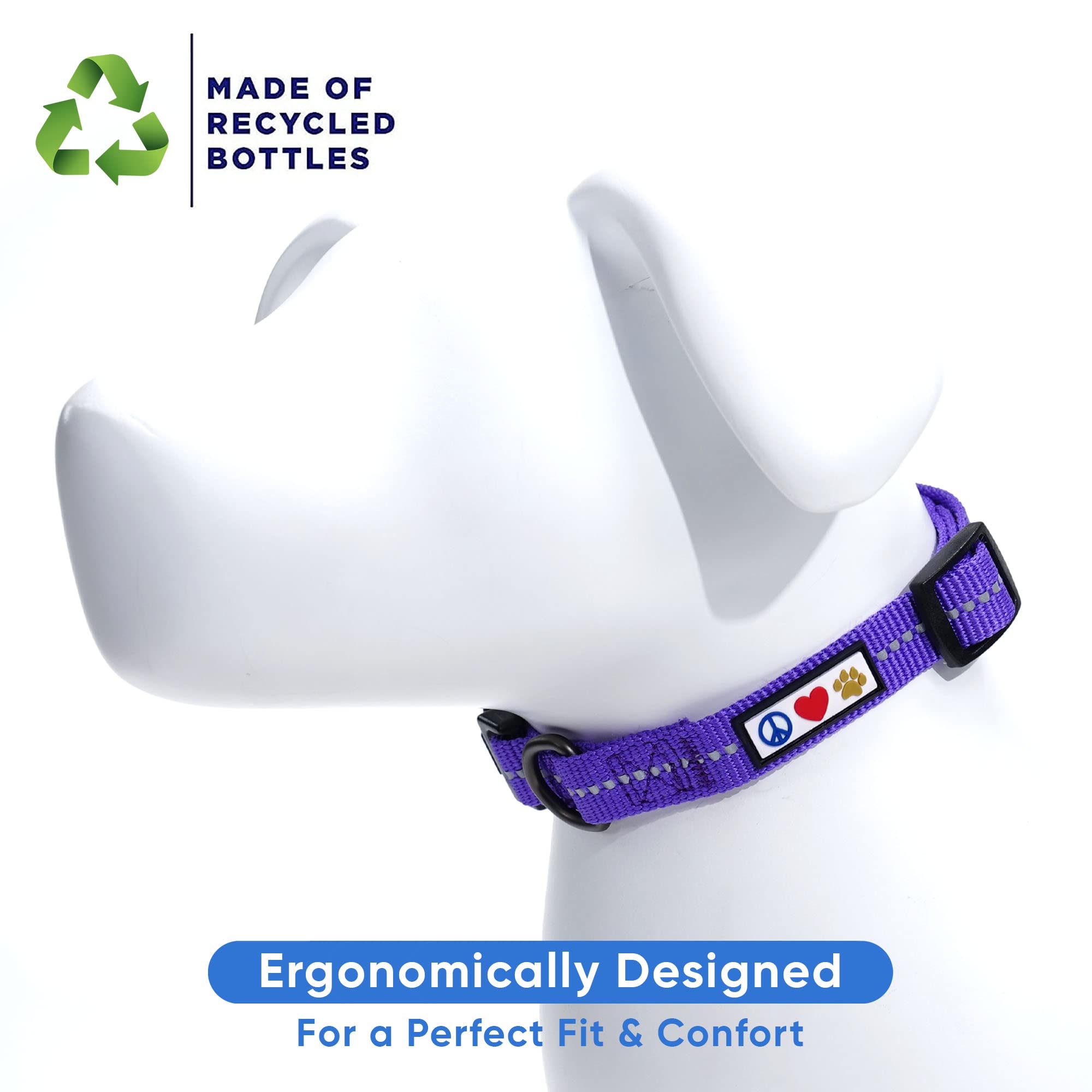 Eco-Friendly Recycled Dog Collar with Reflective Stitching - Made from Ocean Plastic Bottles - Small Purple Quartz Color - Perfect for Night Walks & Outdoor Adventures