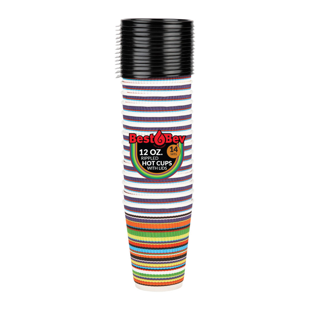 Eco-Friendly Insulated Ripple Color Striped Paper Coffee Cups with Lids - 12oz Hot/Cold Beverage Containers for Office, Cafe, and Home Use